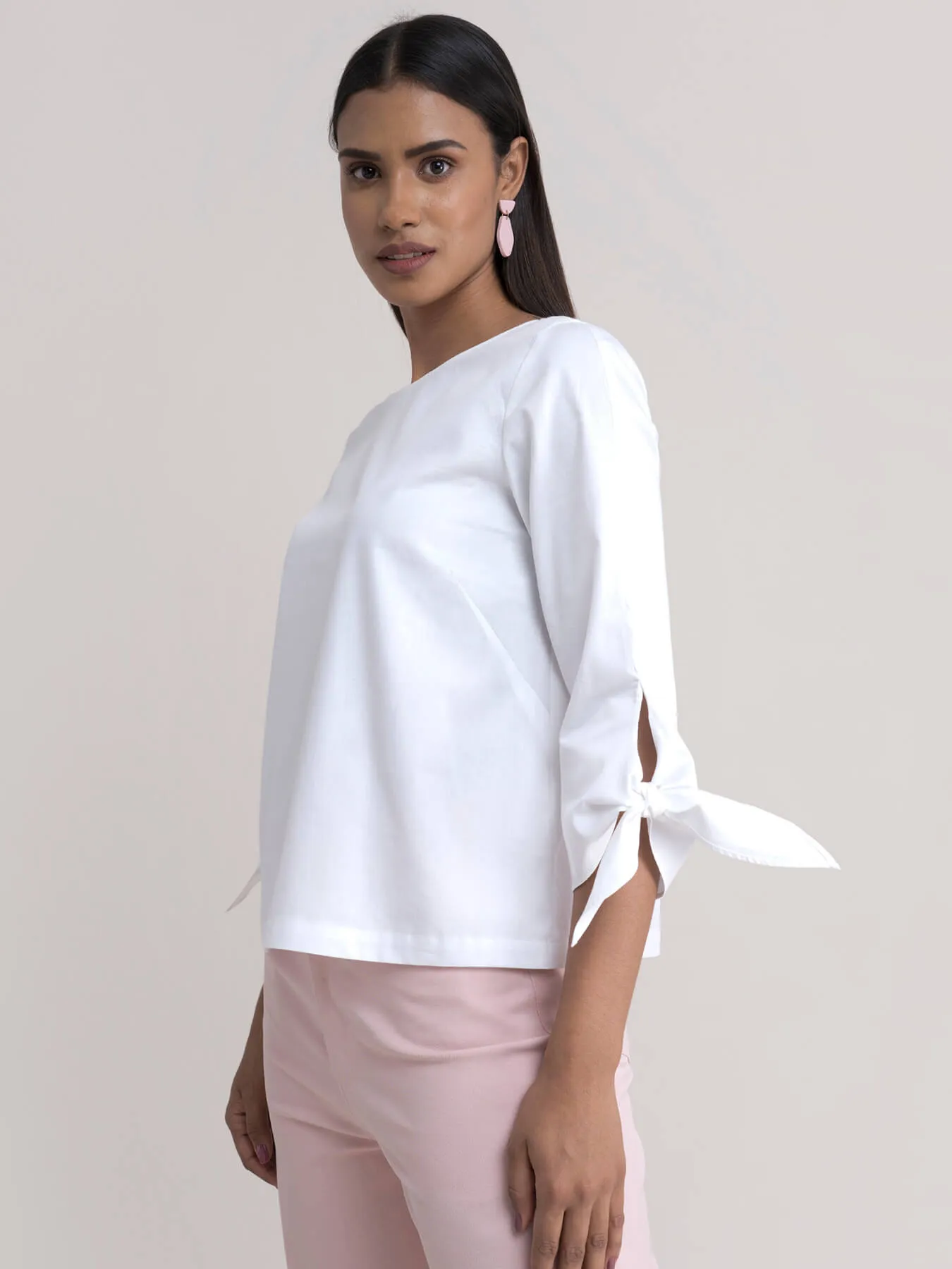 Cotton Tie Up Sleeve Top - White