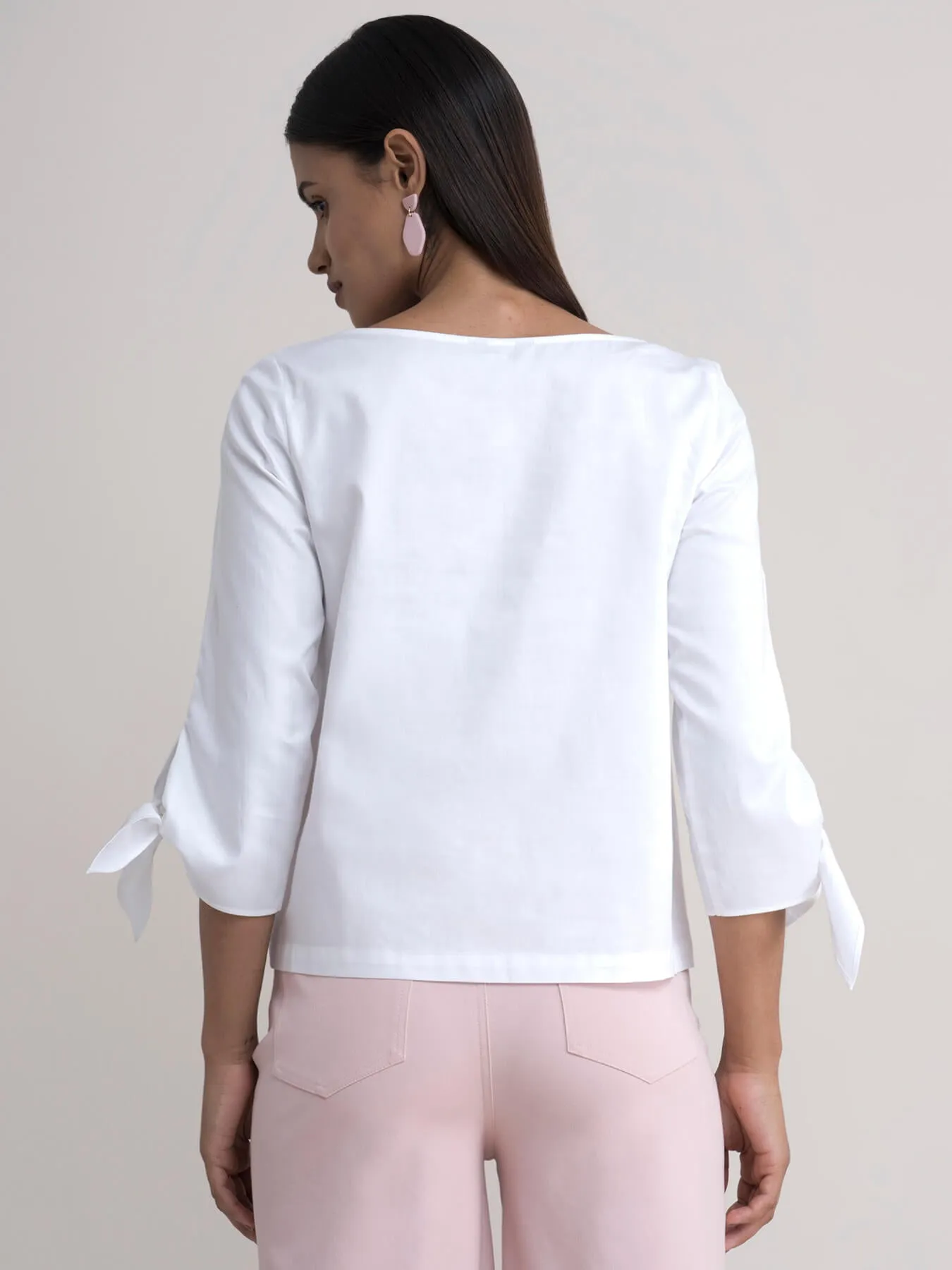 Cotton Tie Up Sleeve Top - White