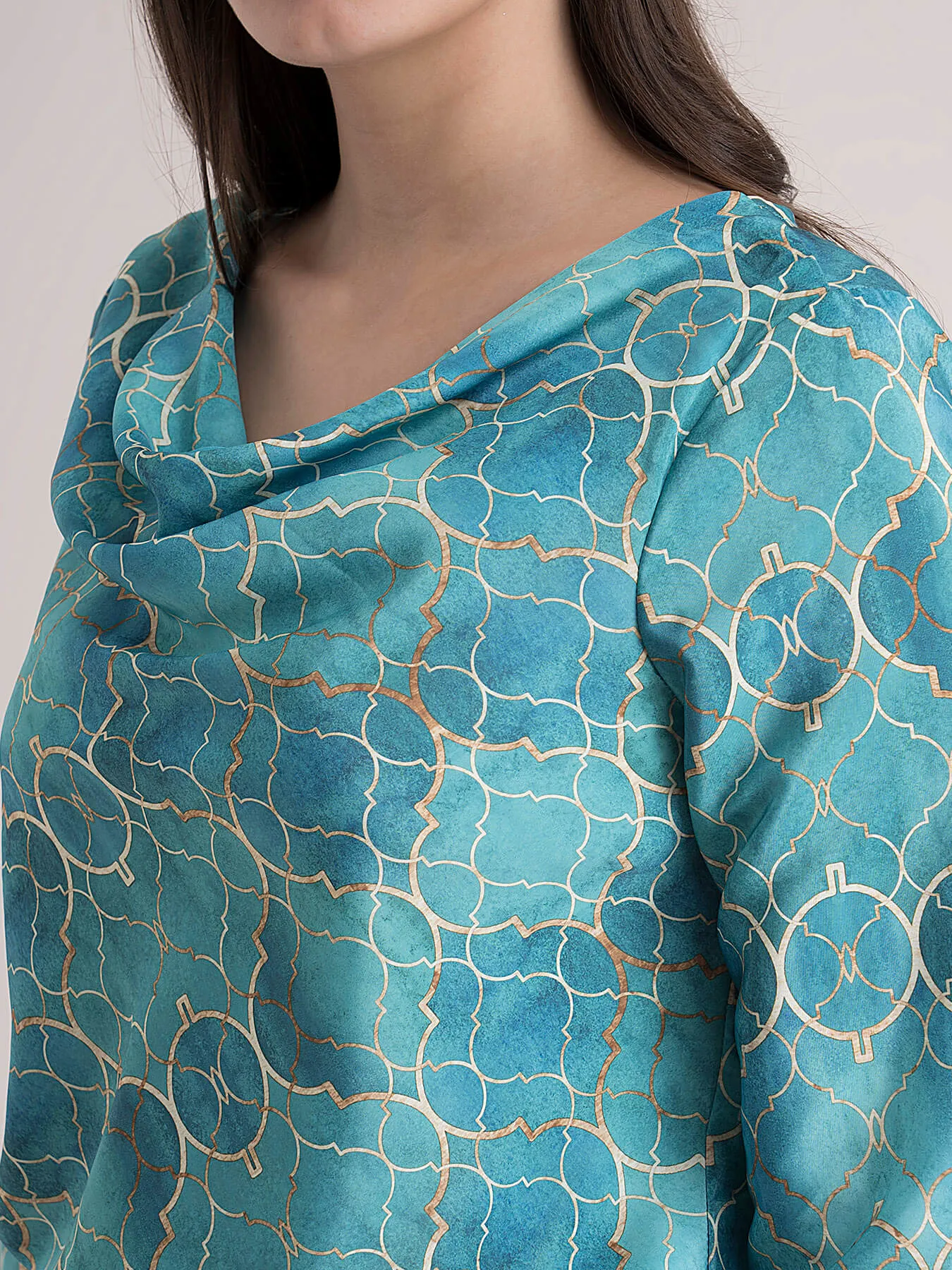 Cowl Neck Ethnic Motif Print Top - Green