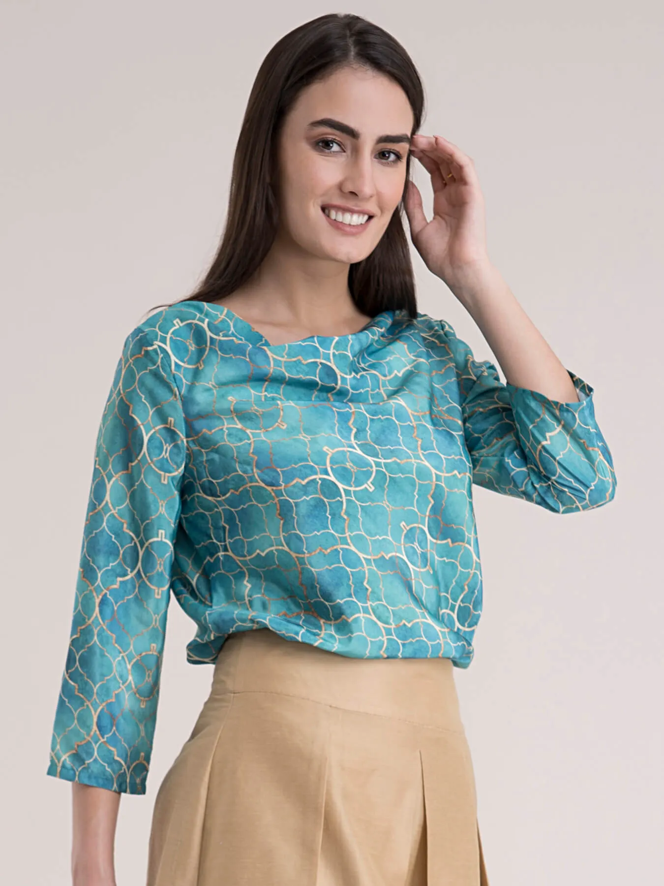 Cowl Neck Ethnic Motif Print Top - Green