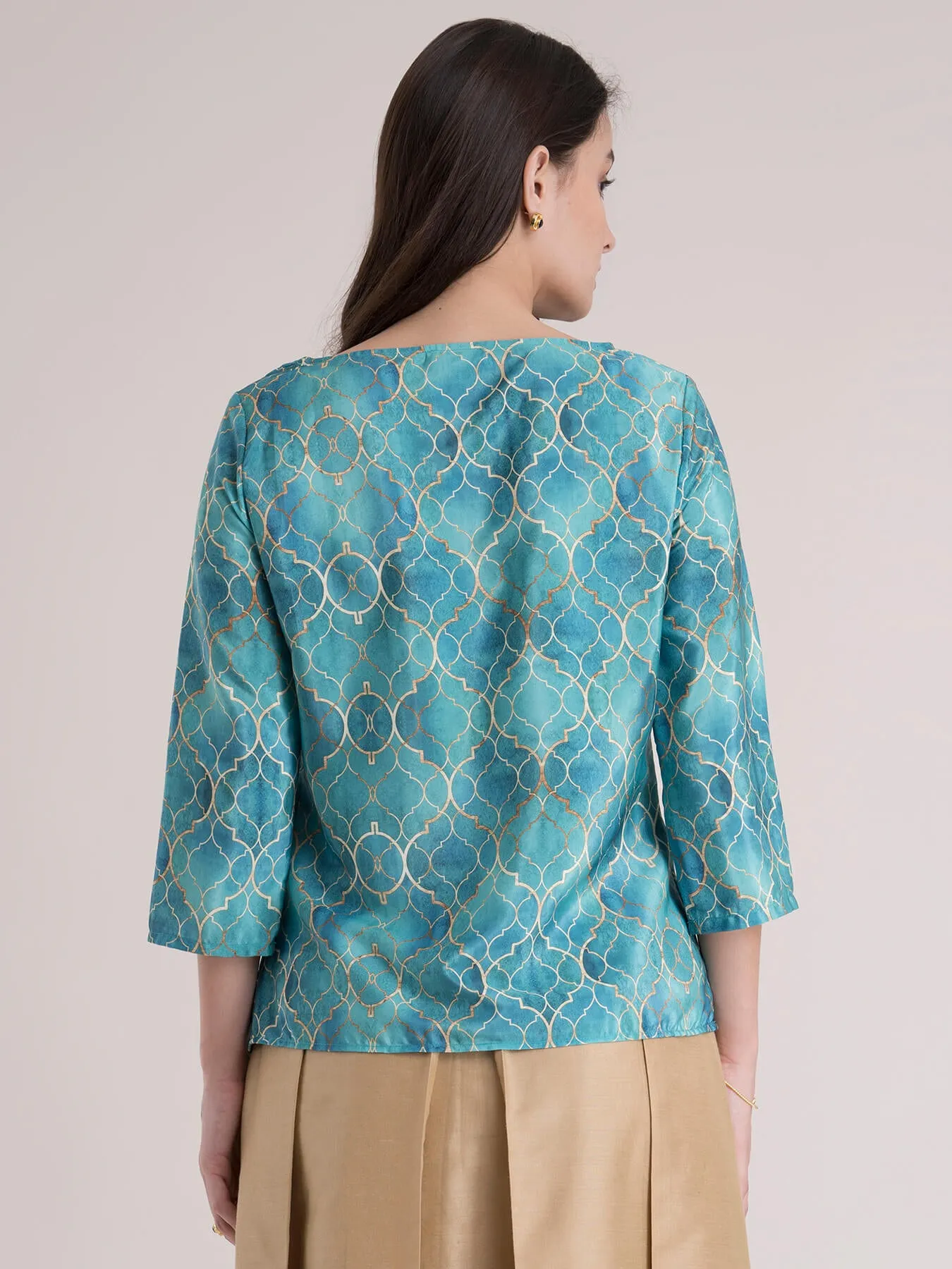 Cowl Neck Ethnic Motif Print Top - Green