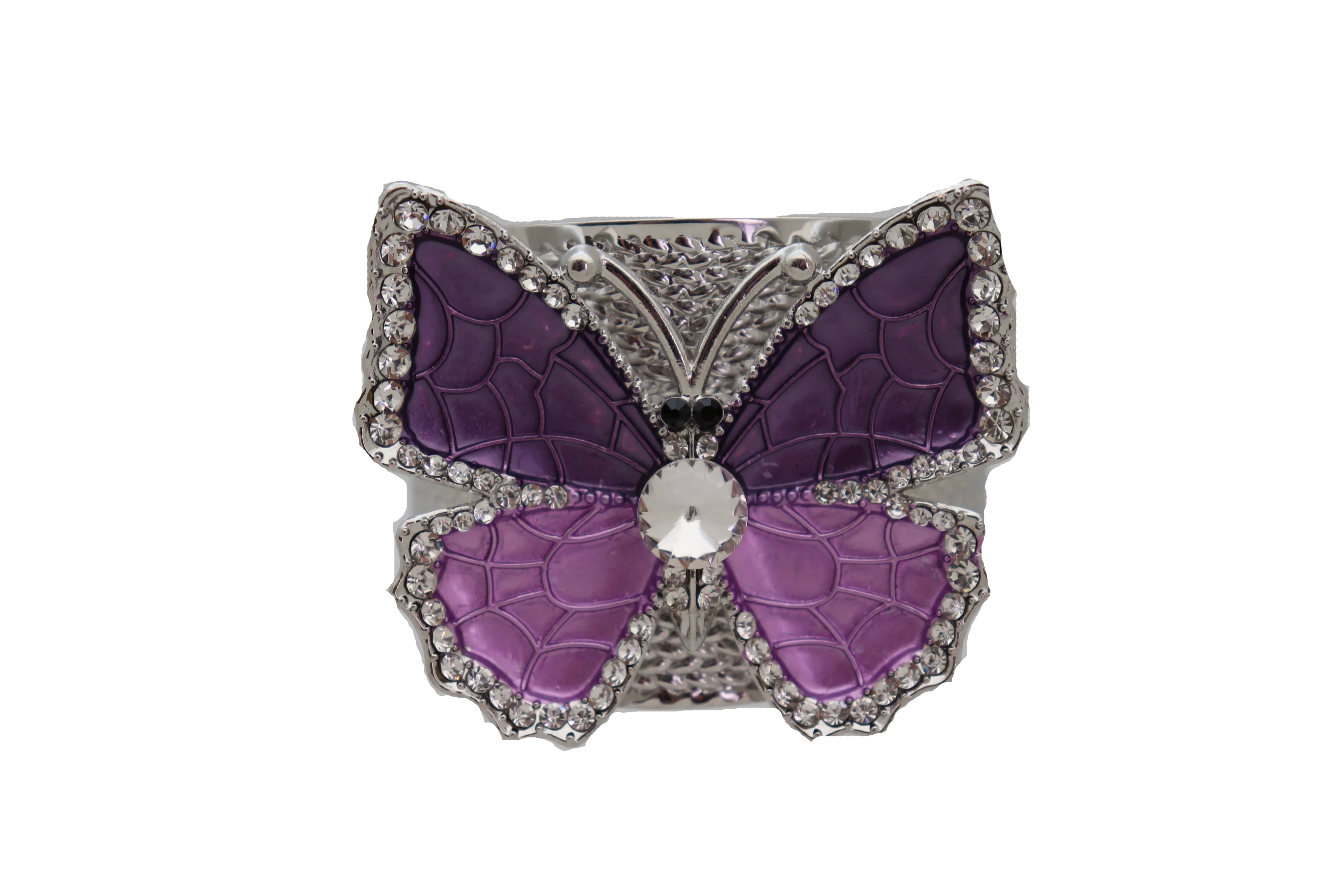 Cuff Bracelet Silver Metal Butterfly Bling Elegant Jewelry Purple Lavender