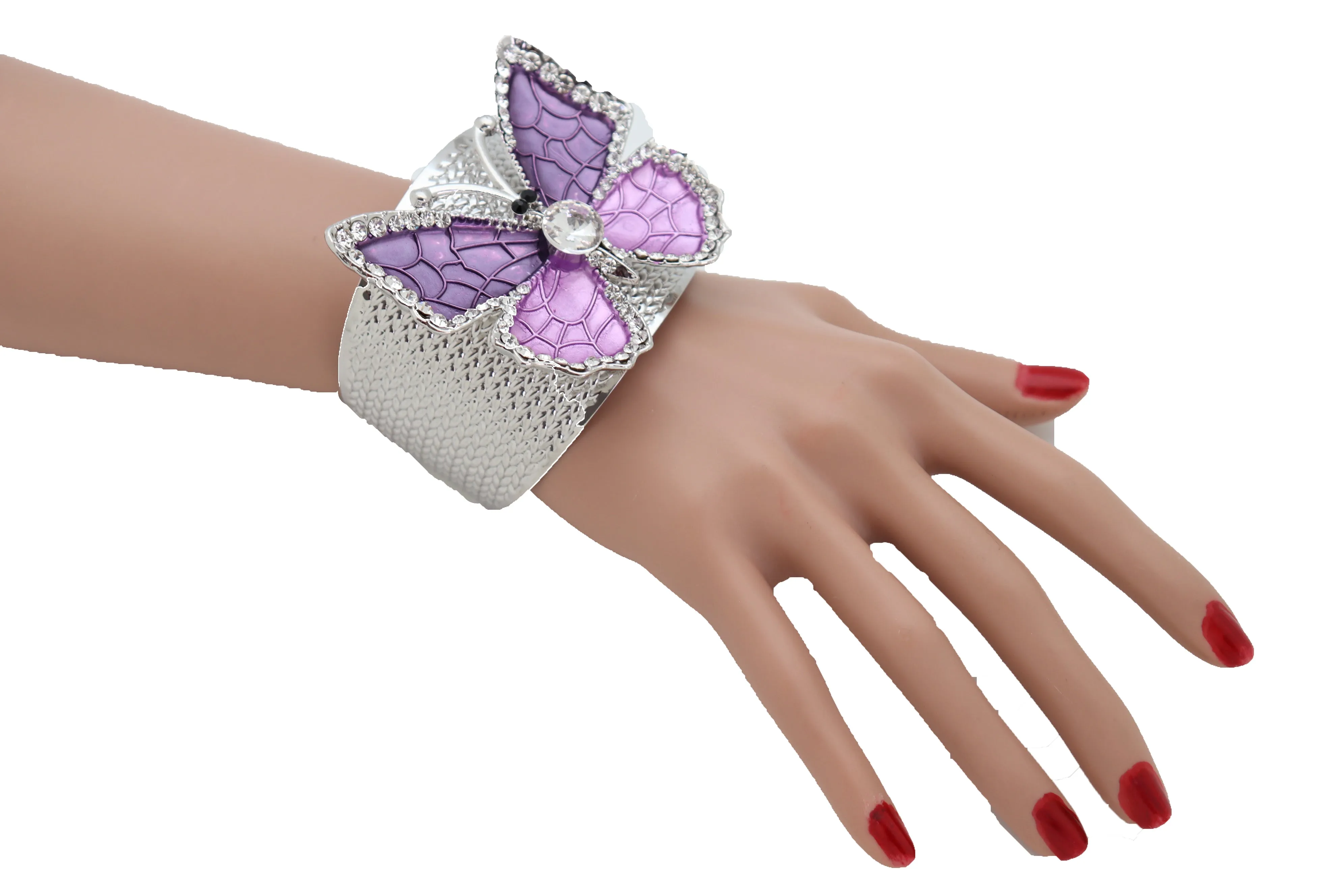 Cuff Bracelet Silver Metal Butterfly Bling Elegant Jewelry Purple Lavender