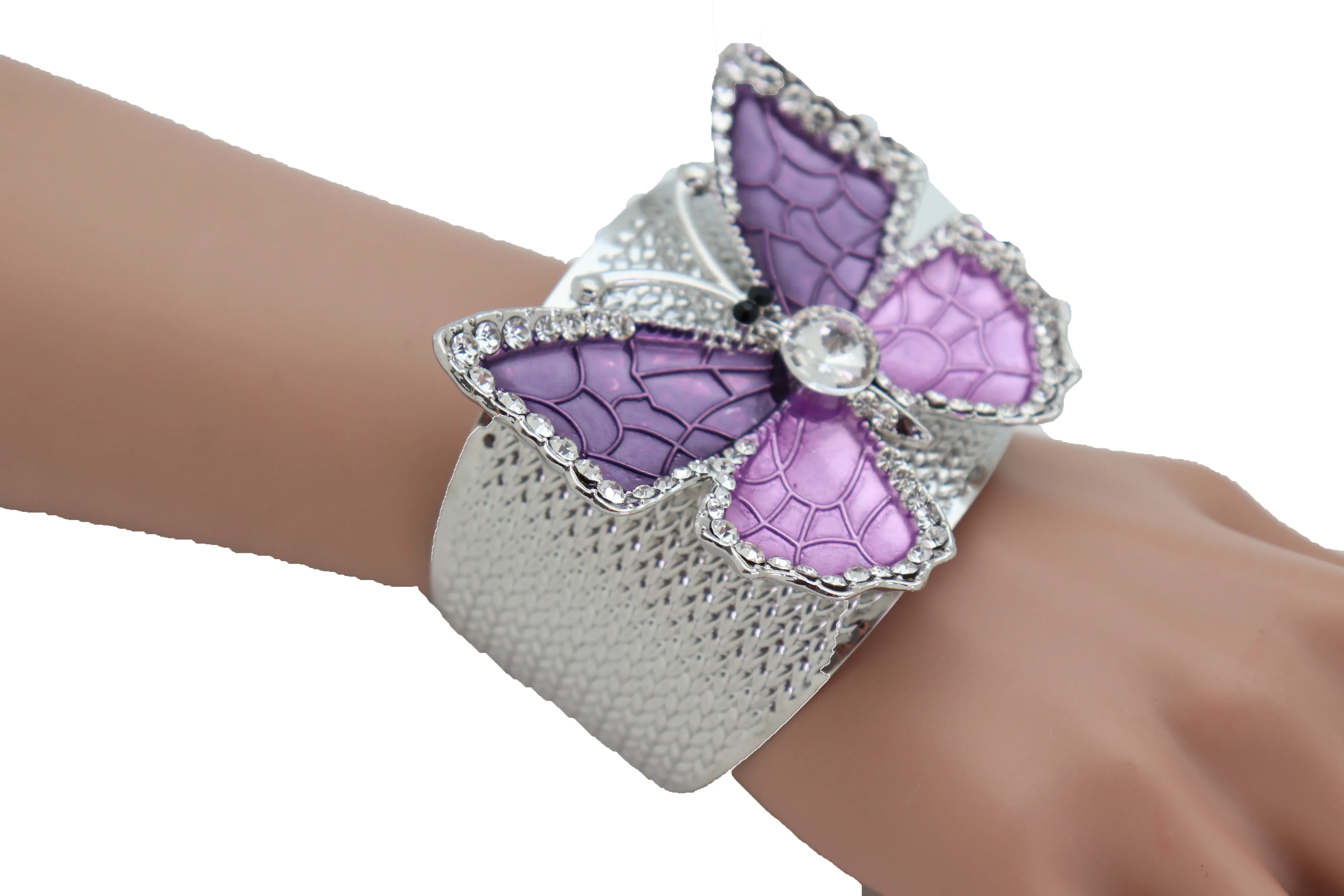 Cuff Bracelet Silver Metal Butterfly Bling Elegant Jewelry Purple Lavender