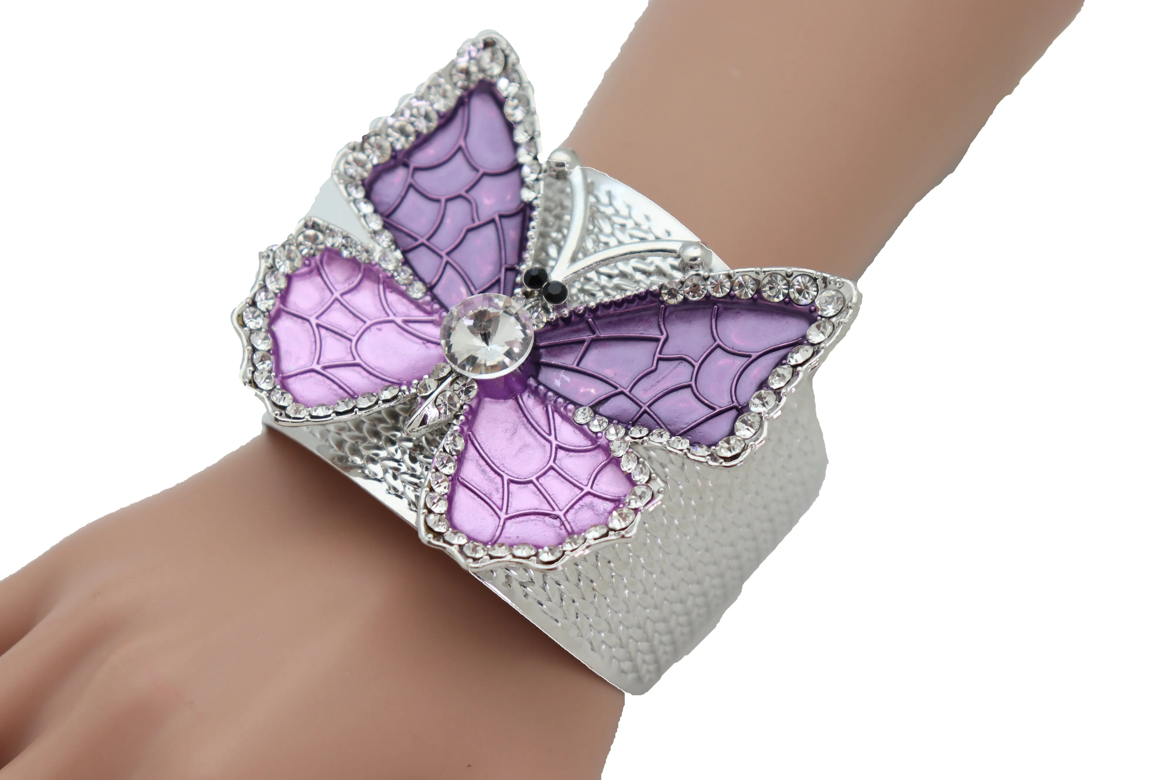 Cuff Bracelet Silver Metal Butterfly Bling Elegant Jewelry Purple Lavender