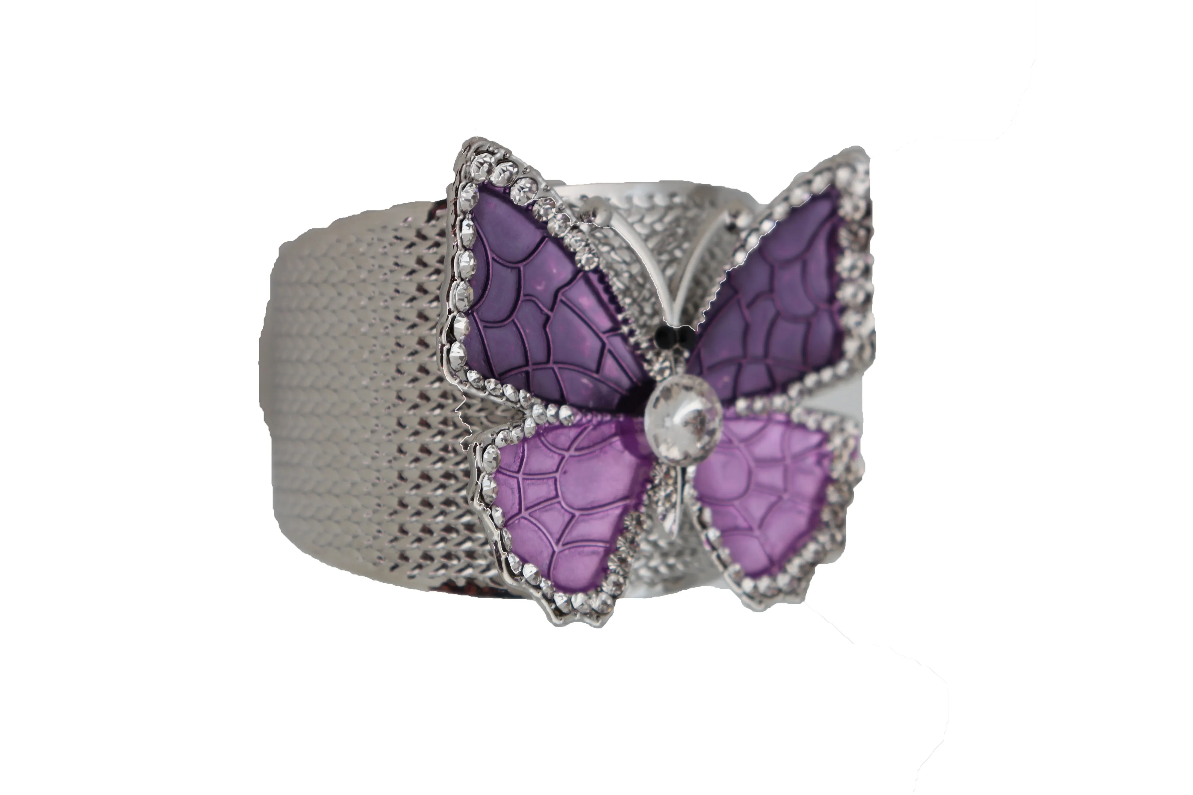 Cuff Bracelet Silver Metal Butterfly Bling Elegant Jewelry Purple Lavender