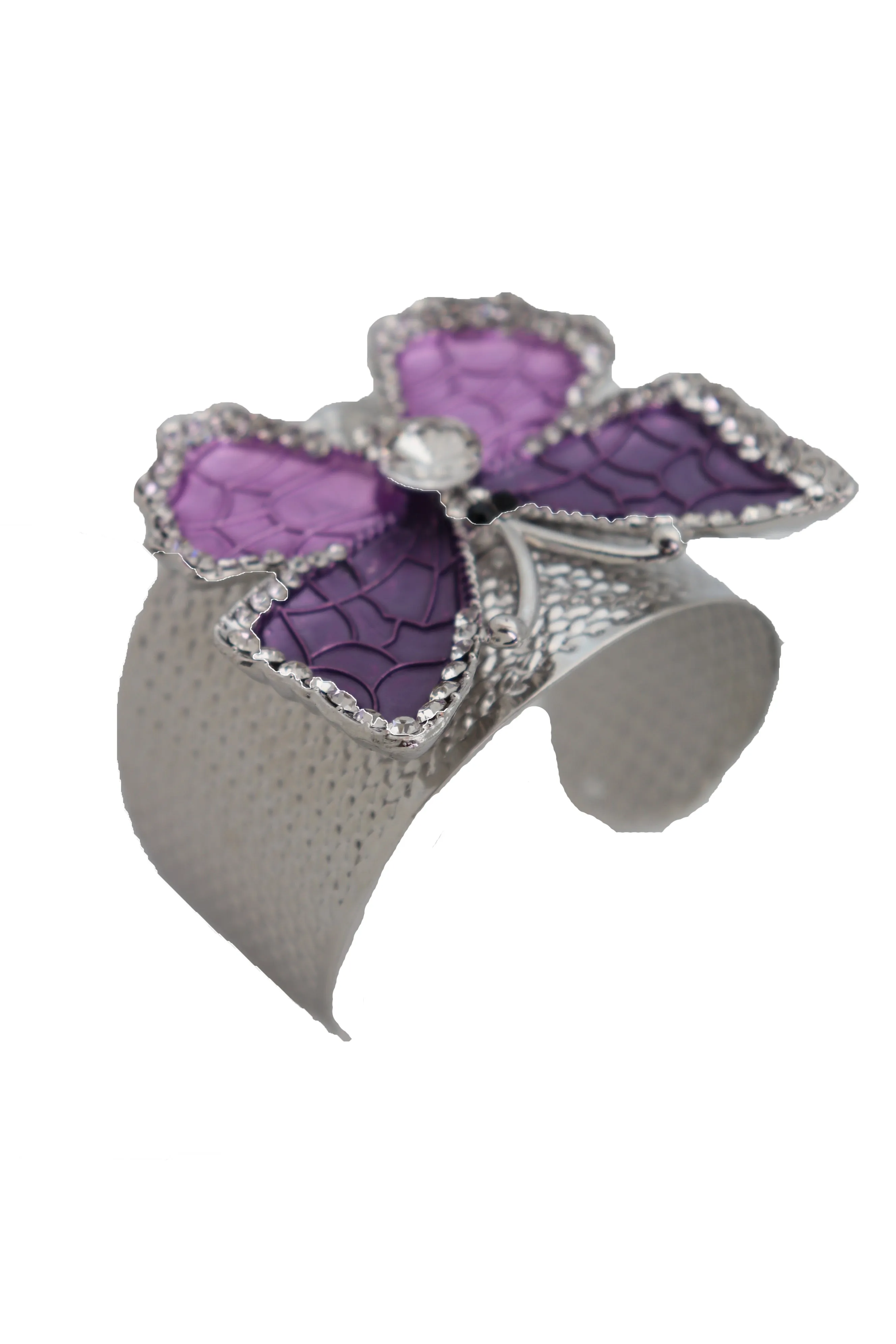 Cuff Bracelet Silver Metal Butterfly Bling Elegant Jewelry Purple Lavender