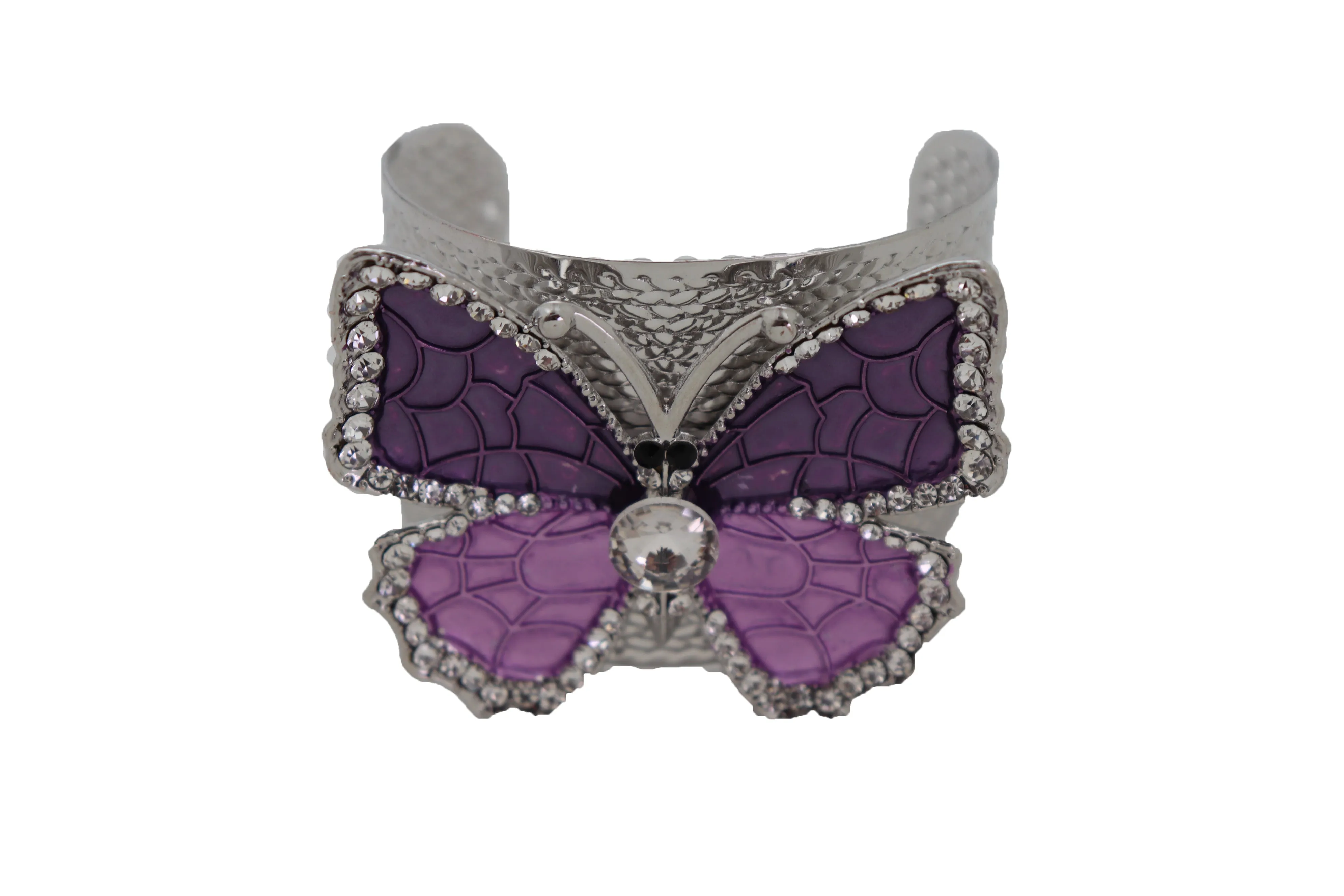 Cuff Bracelet Silver Metal Butterfly Bling Elegant Jewelry Purple Lavender