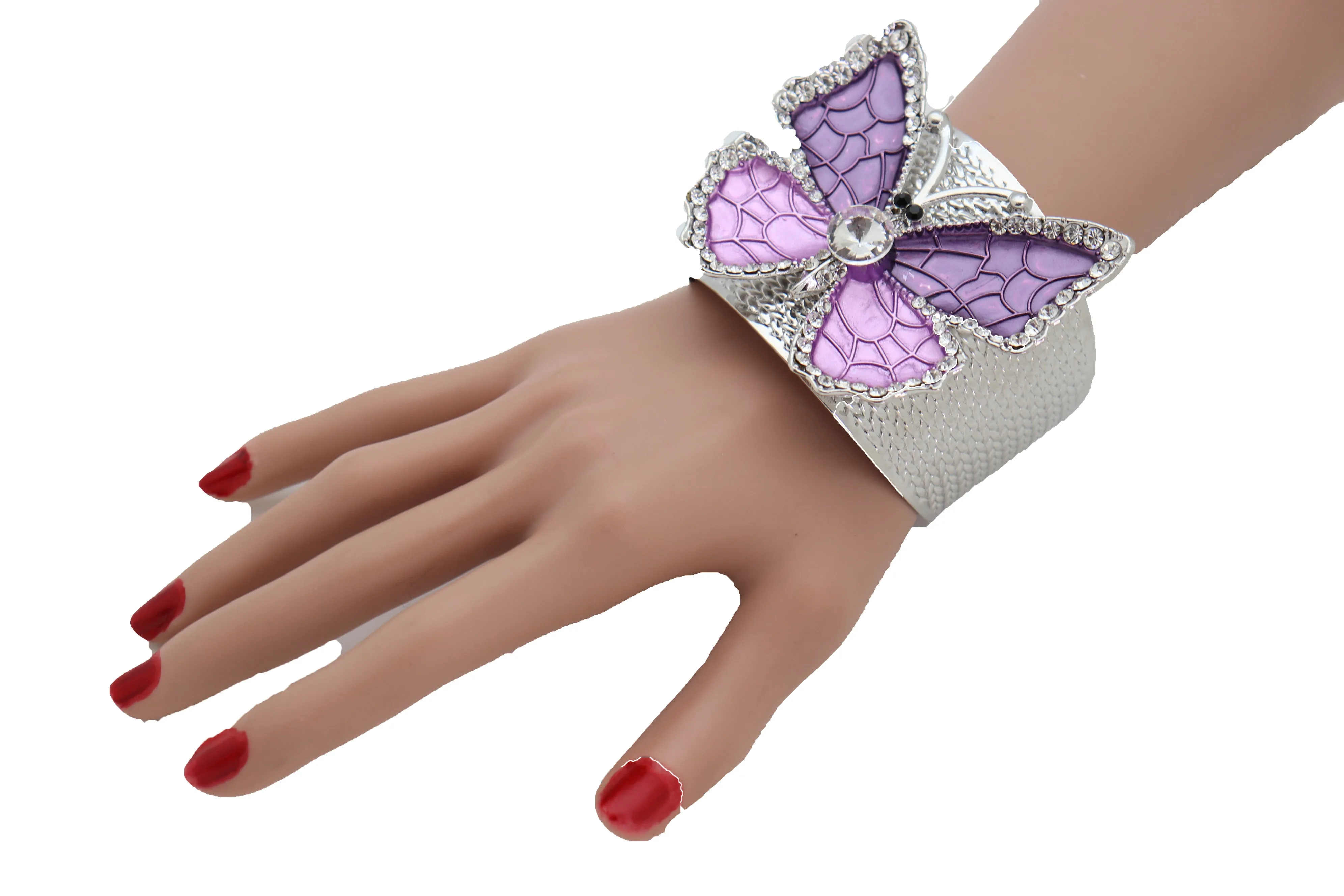 Cuff Bracelet Silver Metal Butterfly Bling Elegant Jewelry Purple Lavender