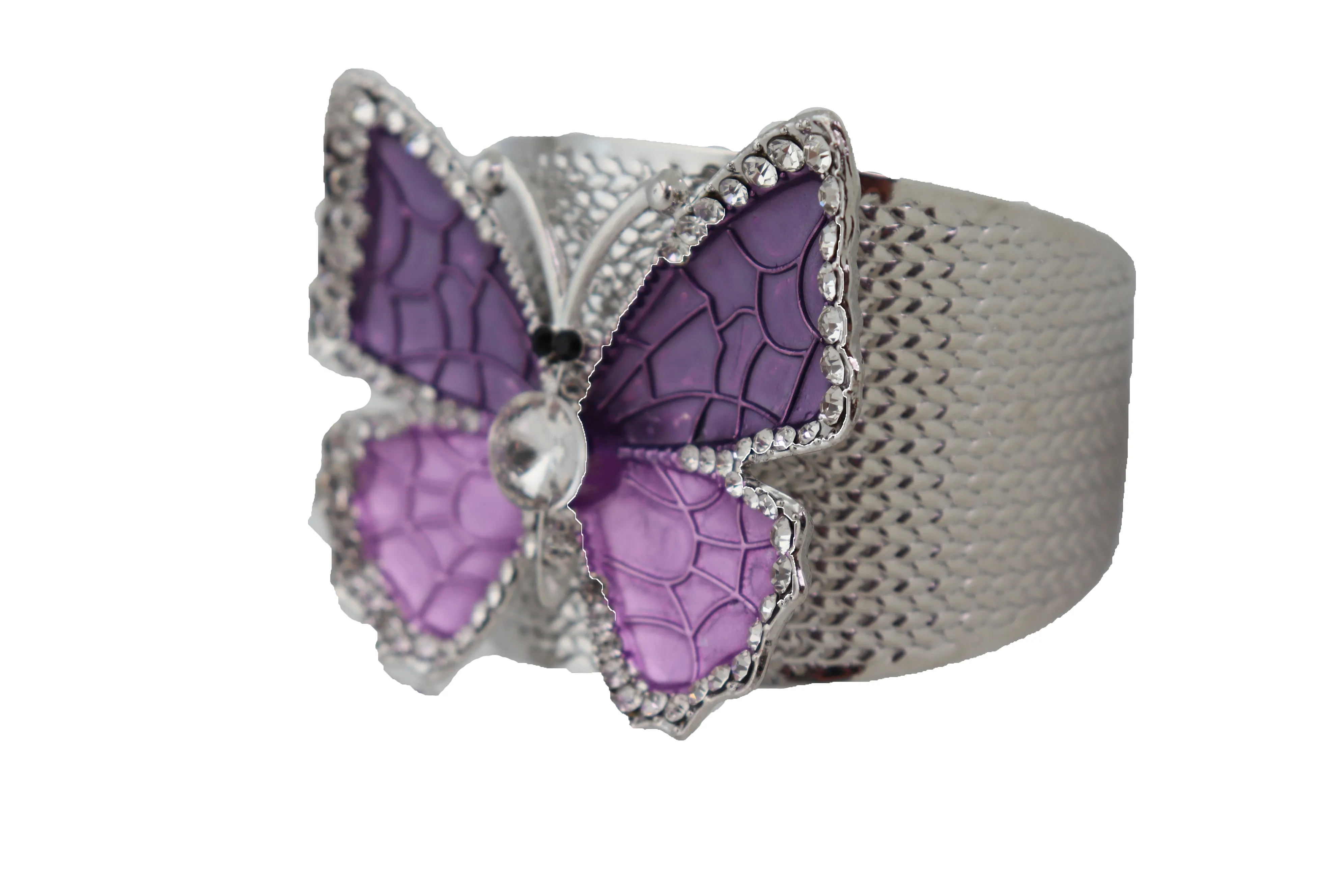 Cuff Bracelet Silver Metal Butterfly Bling Elegant Jewelry Purple Lavender