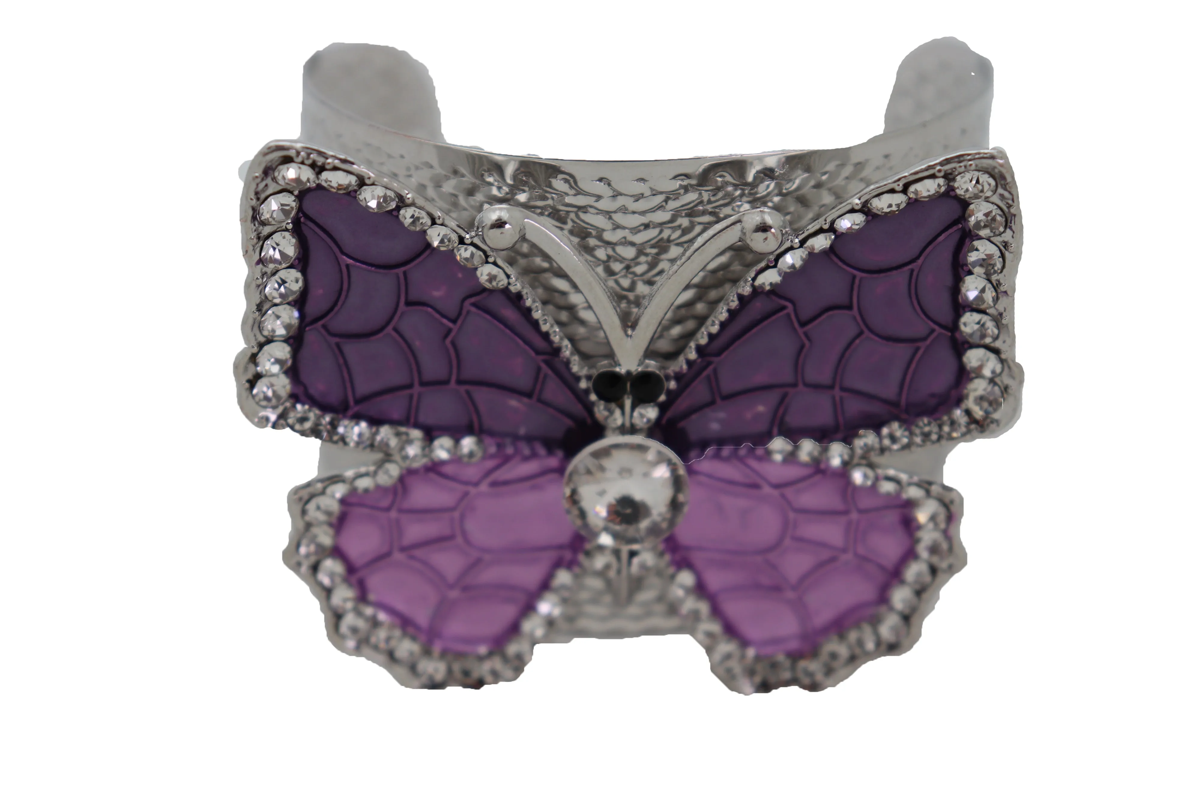 Cuff Bracelet Silver Metal Butterfly Bling Elegant Jewelry Purple Lavender