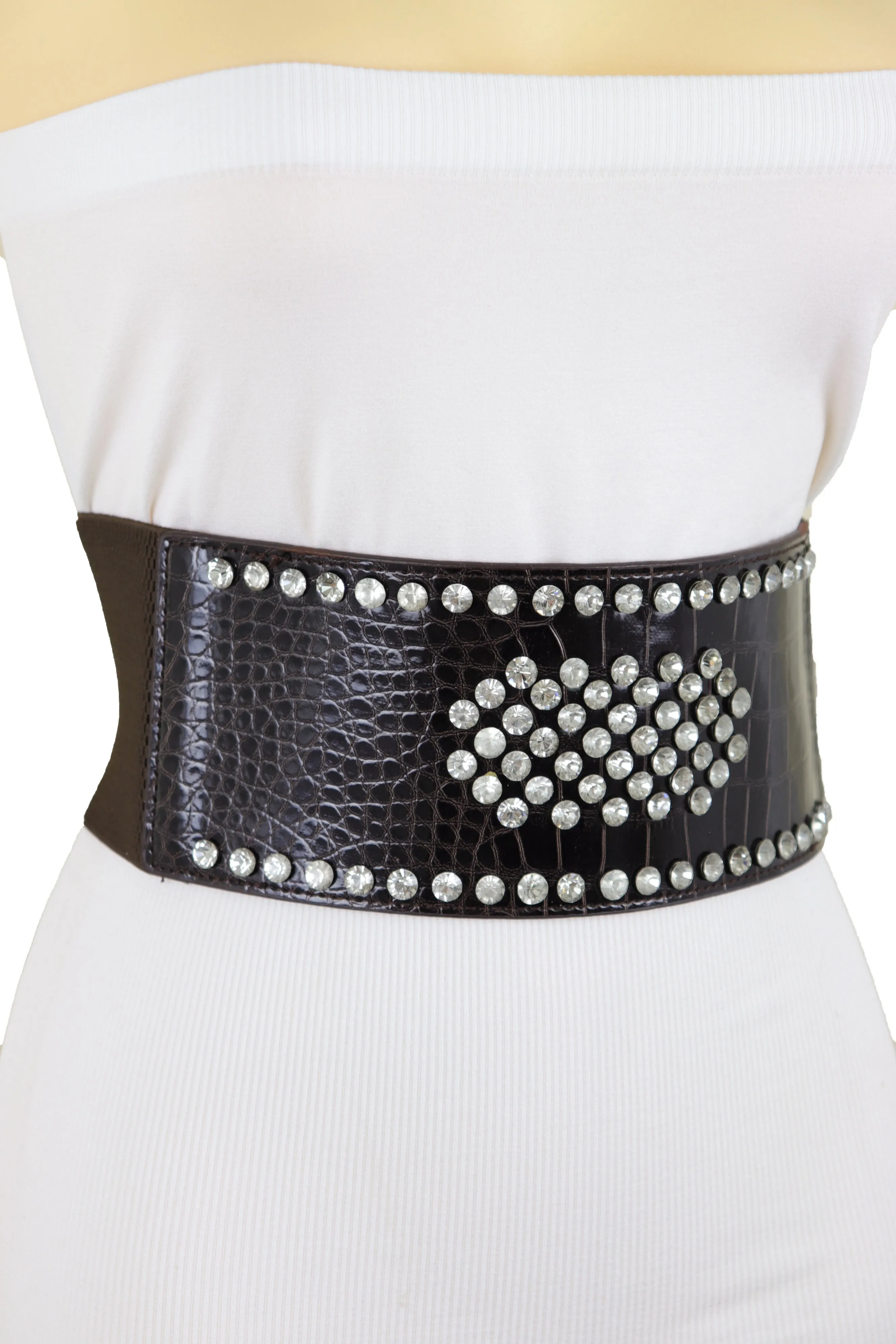 Dark Brown Faux Leather Elastic Wide Band Belt Silver Bling Shield Fit M L