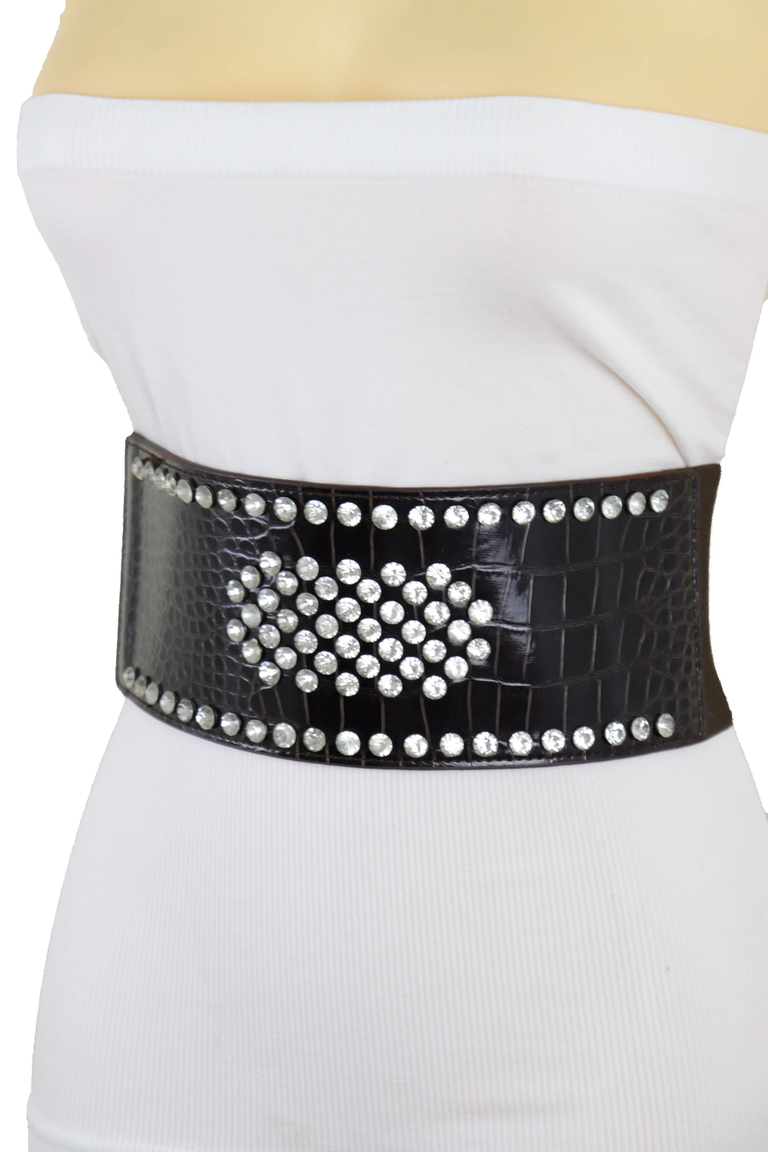 Dark Brown Faux Leather Elastic Wide Band Belt Silver Bling Shield Fit M L