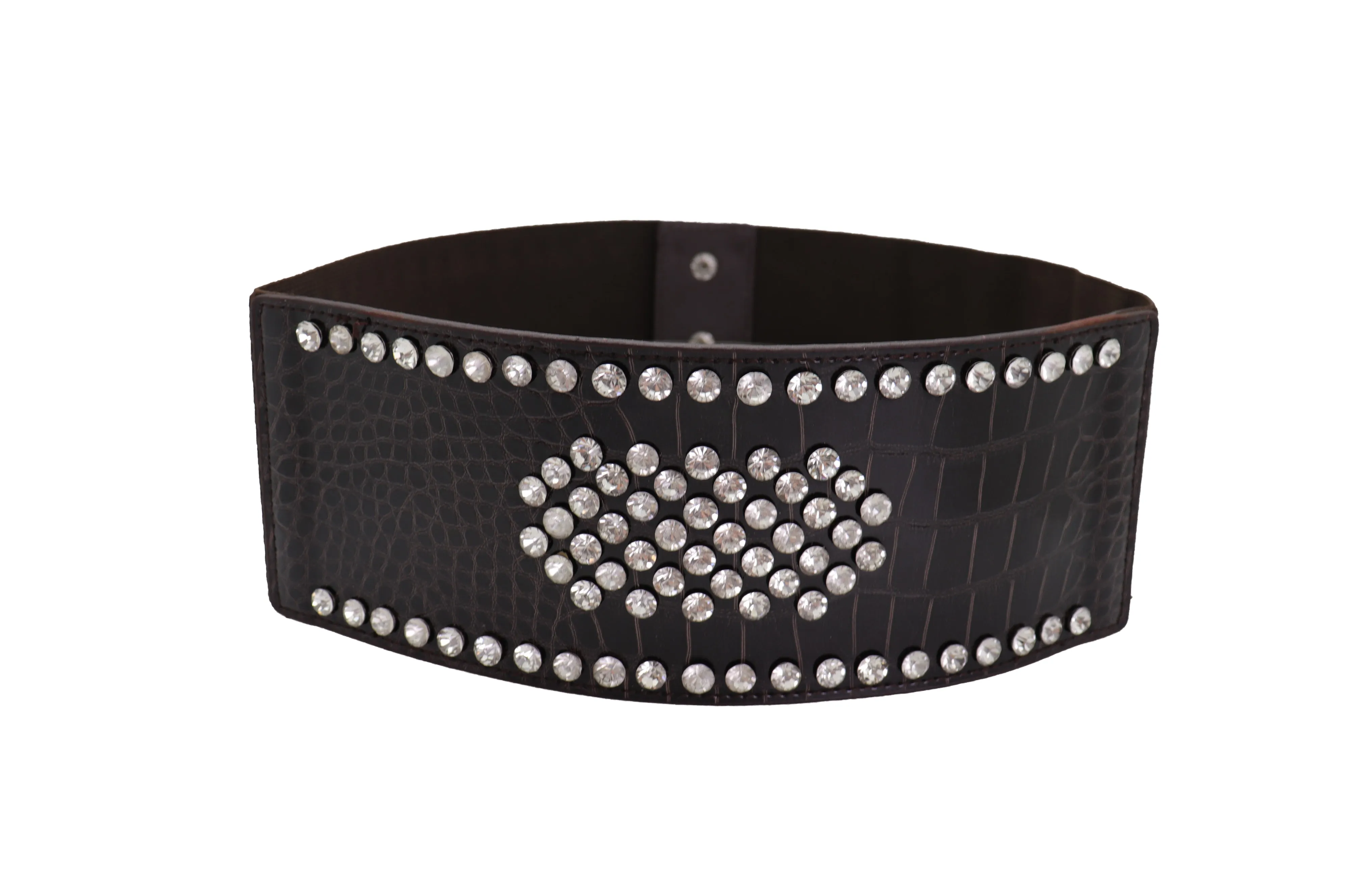 Dark Brown Faux Leather Elastic Wide Band Belt Silver Bling Shield Fit M L