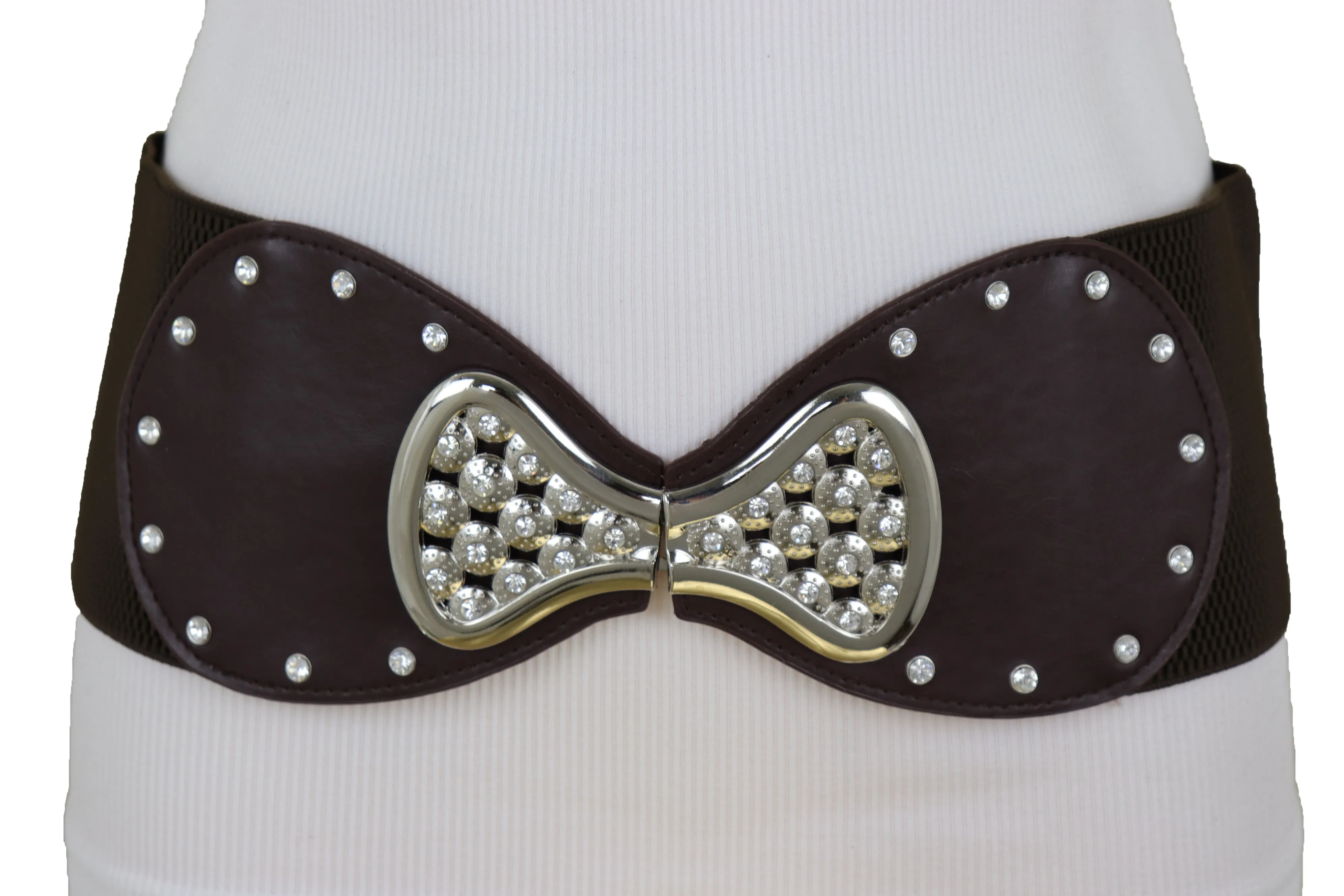 Dark Brown Wide Faux Leather Elastic Band Belt Silver Bow Tie Buckle S M