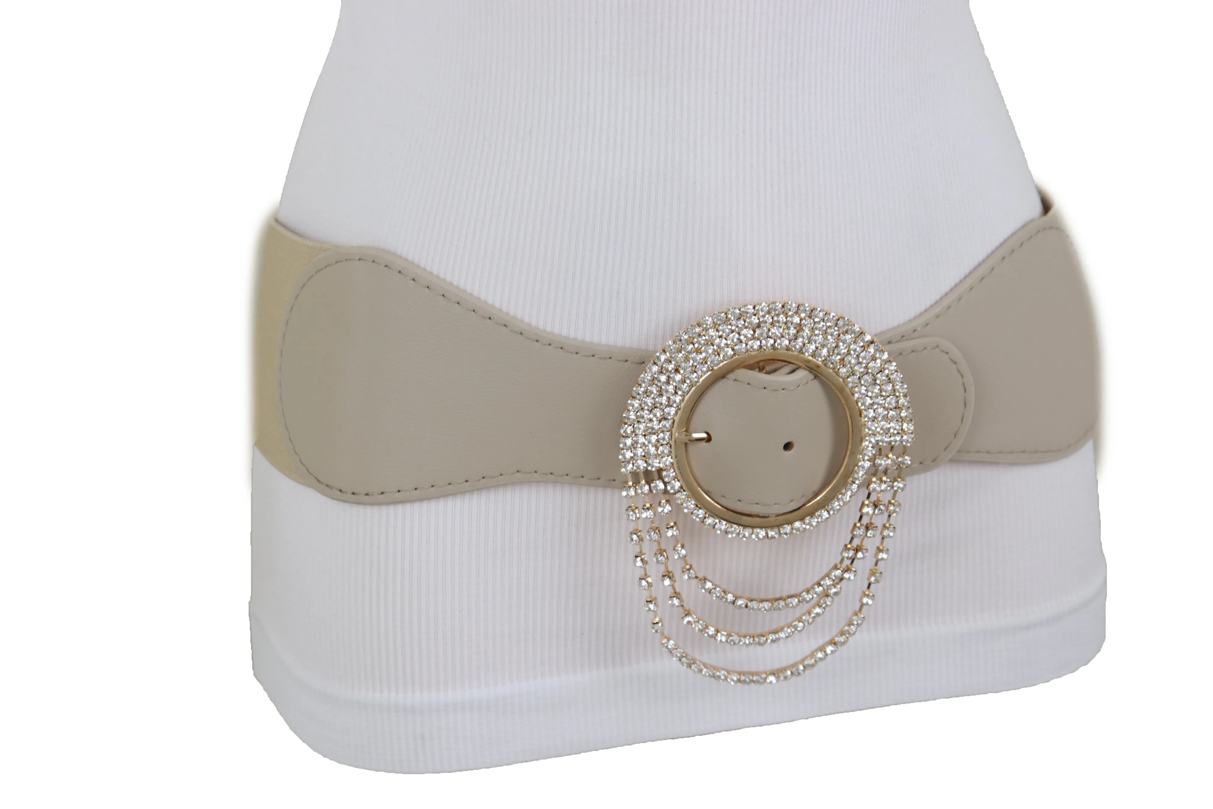 Elastic Beige Fancy Fashion Wide Hip High Waist Belt Gold Round Buckle S M