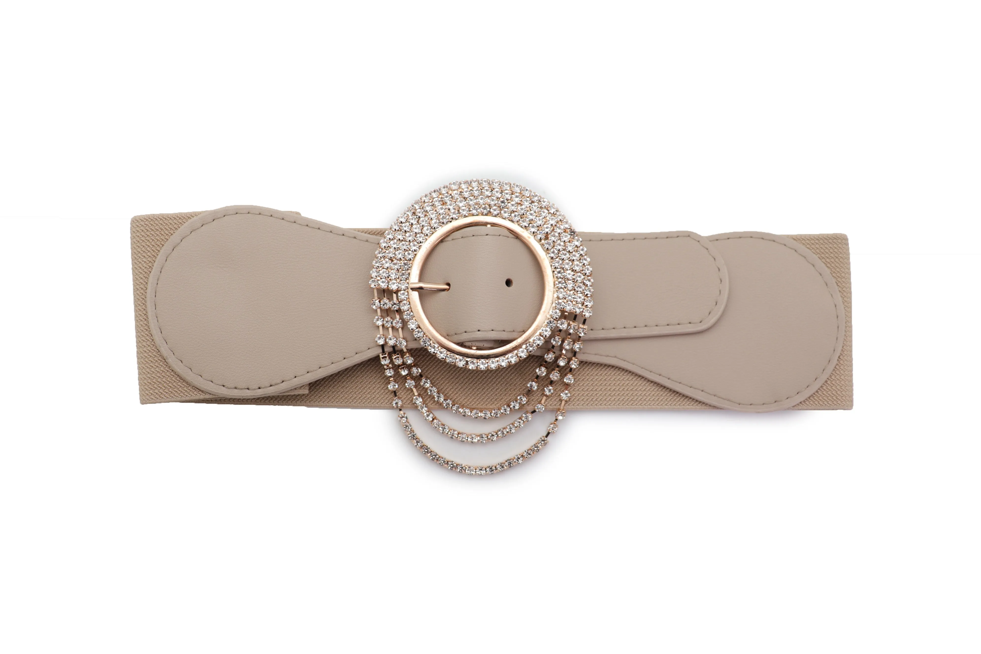 Elastic Beige Fancy Fashion Wide Hip High Waist Belt Gold Round Buckle S M