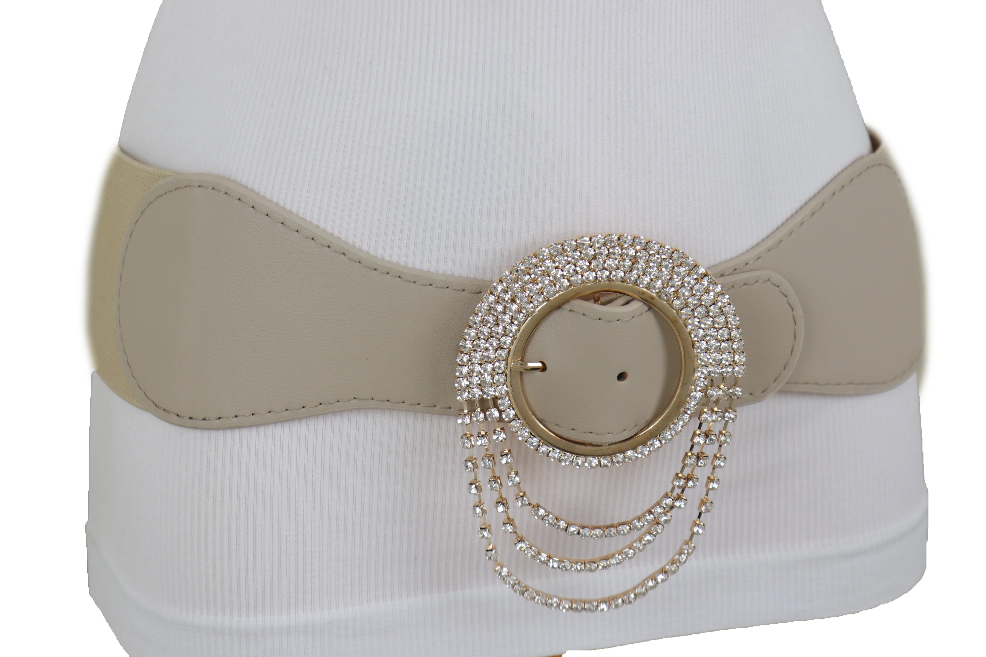 Elastic Beige Fancy Fashion Wide Hip High Waist Belt Gold Round Buckle S M