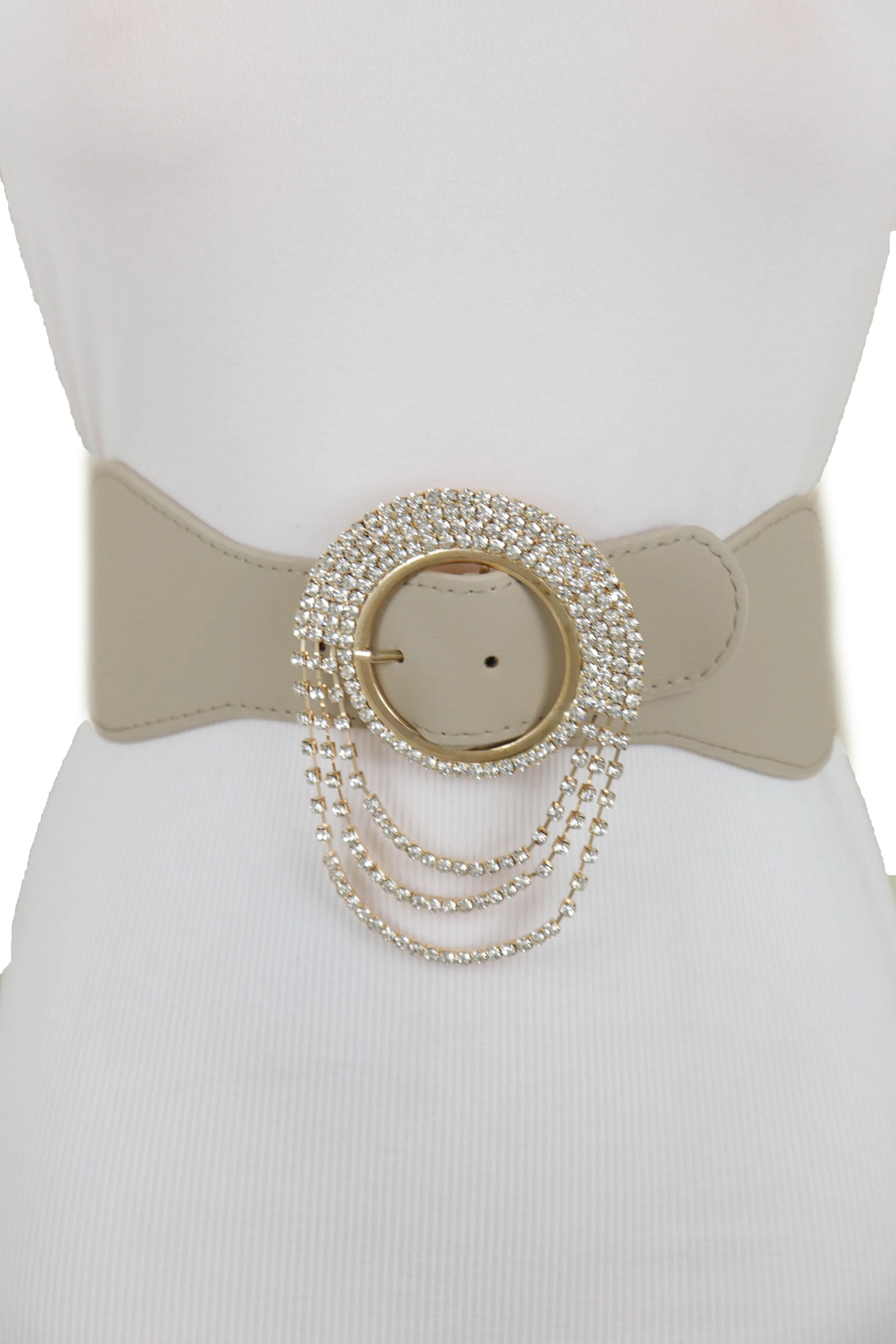 Elastic Beige Fancy Fashion Wide Hip High Waist Belt Gold Round Buckle S M