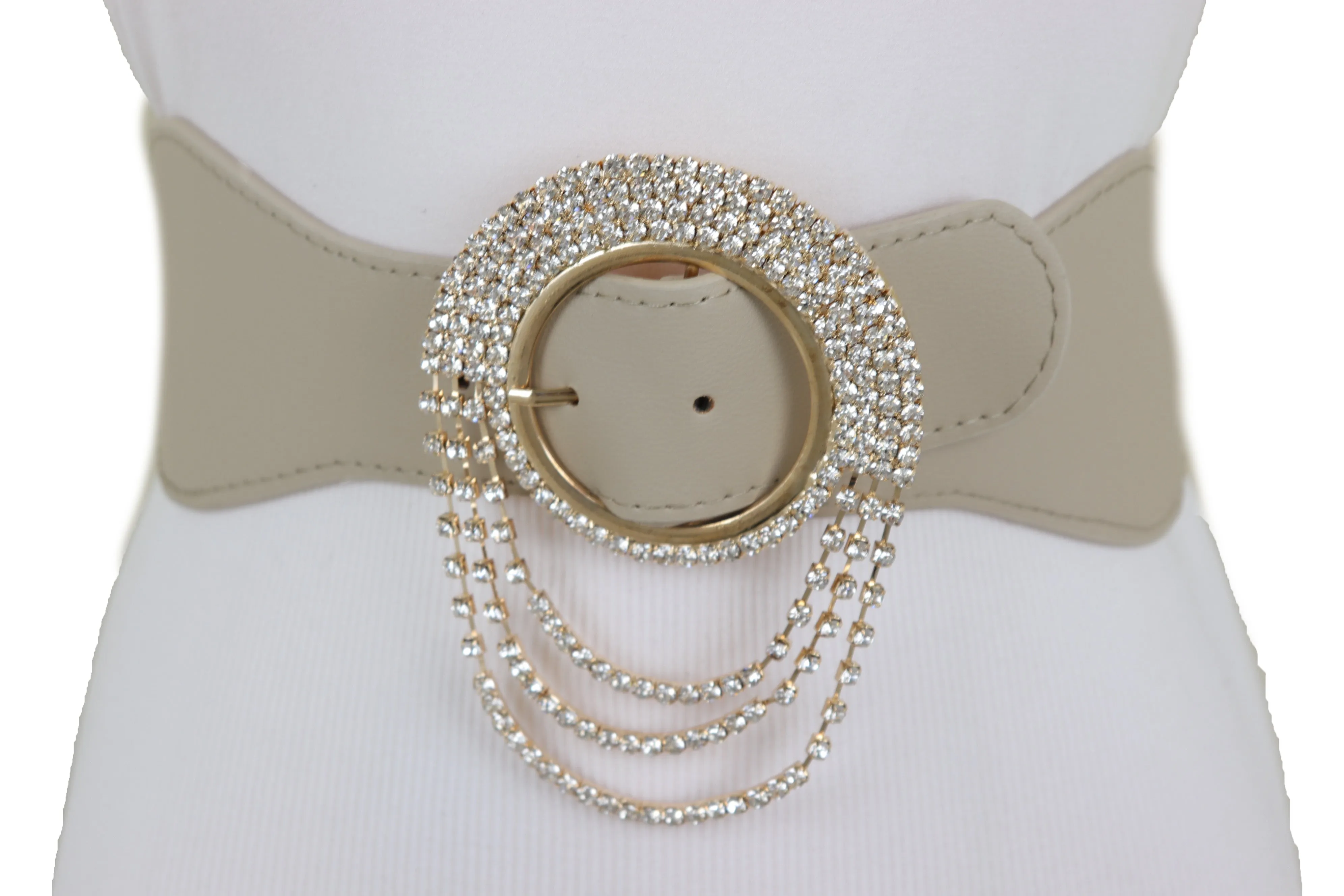 Elastic Beige Fancy Fashion Wide Hip High Waist Belt Gold Round Buckle S M