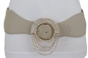 Elastic Beige Fancy Fashion Wide Hip High Waist Belt Gold Round Buckle S M