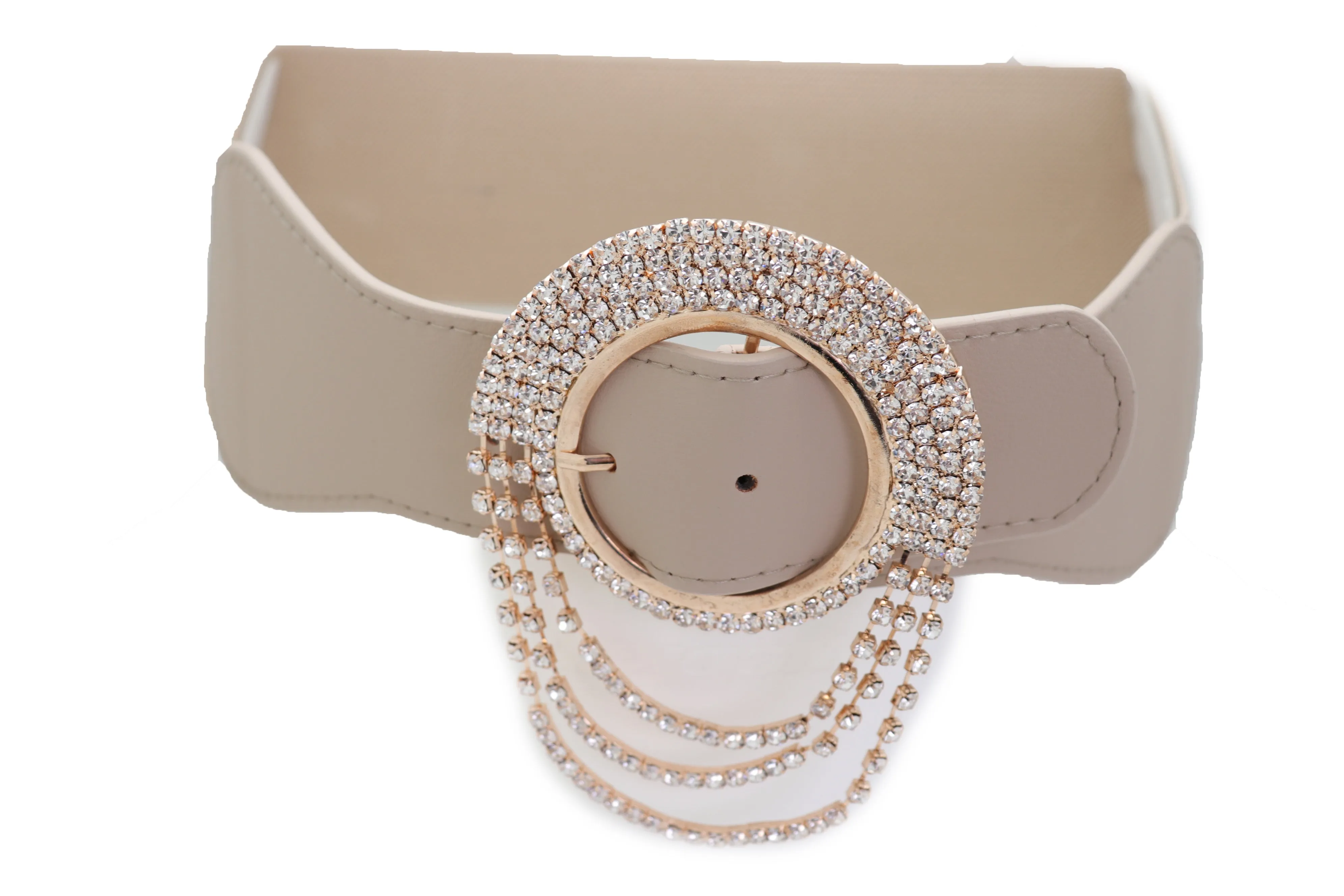 Elastic Beige Fancy Fashion Wide Hip High Waist Belt Gold Round Buckle S M