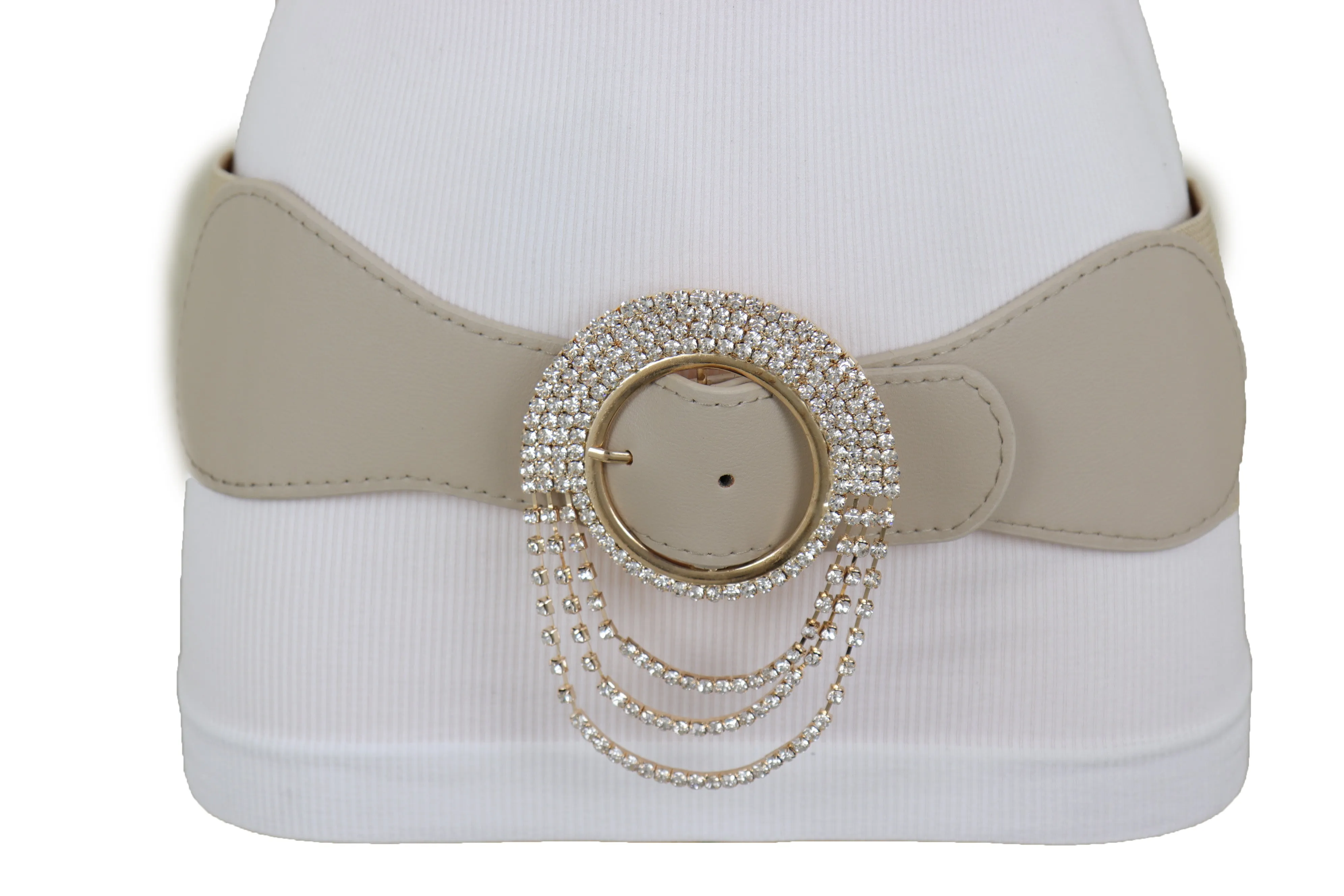 Elastic Beige Fancy Fashion Wide Hip High Waist Belt Gold Round Buckle S M