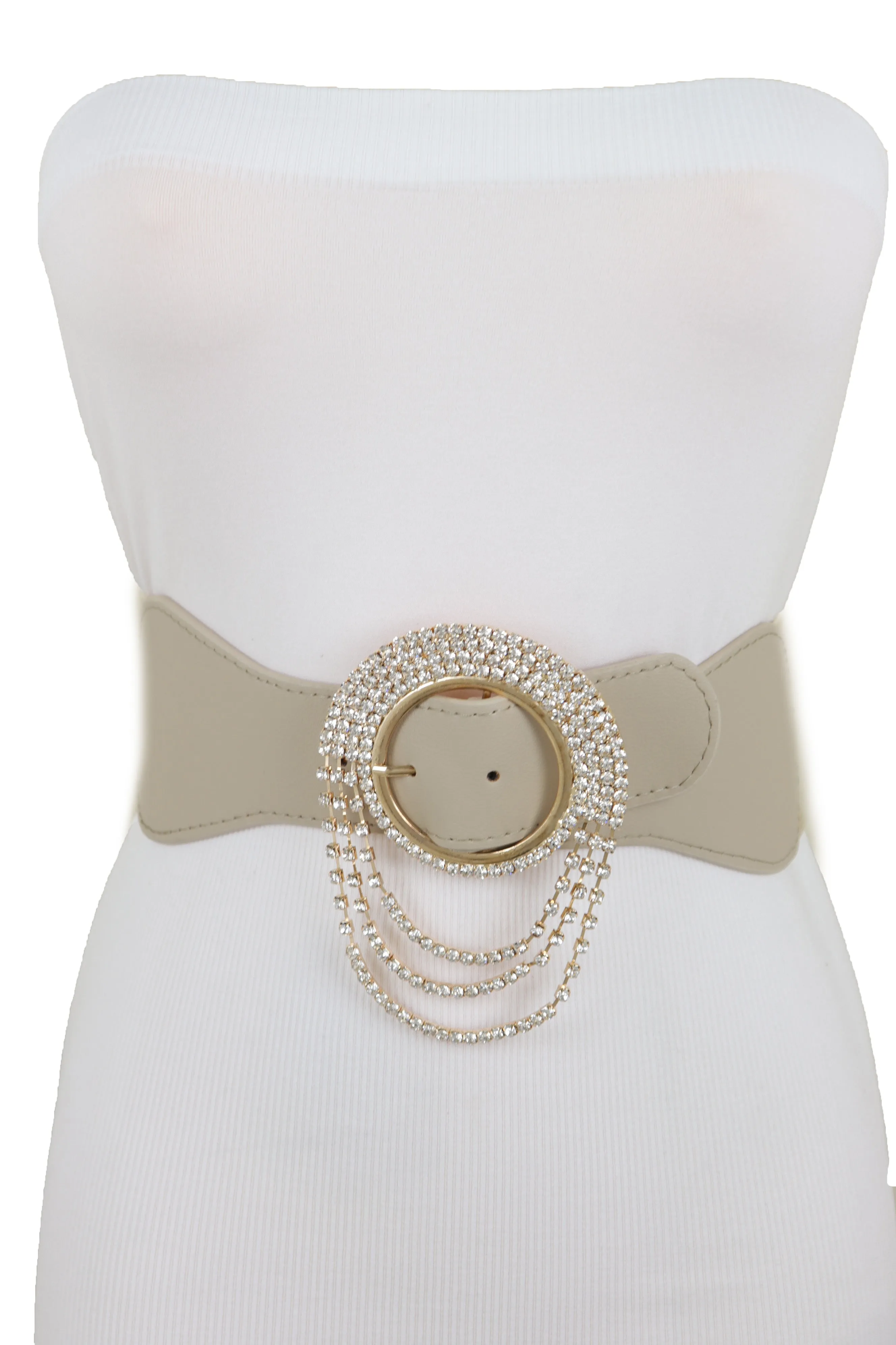 Elastic Beige Fancy Fashion Wide Hip High Waist Belt Gold Round Buckle S M