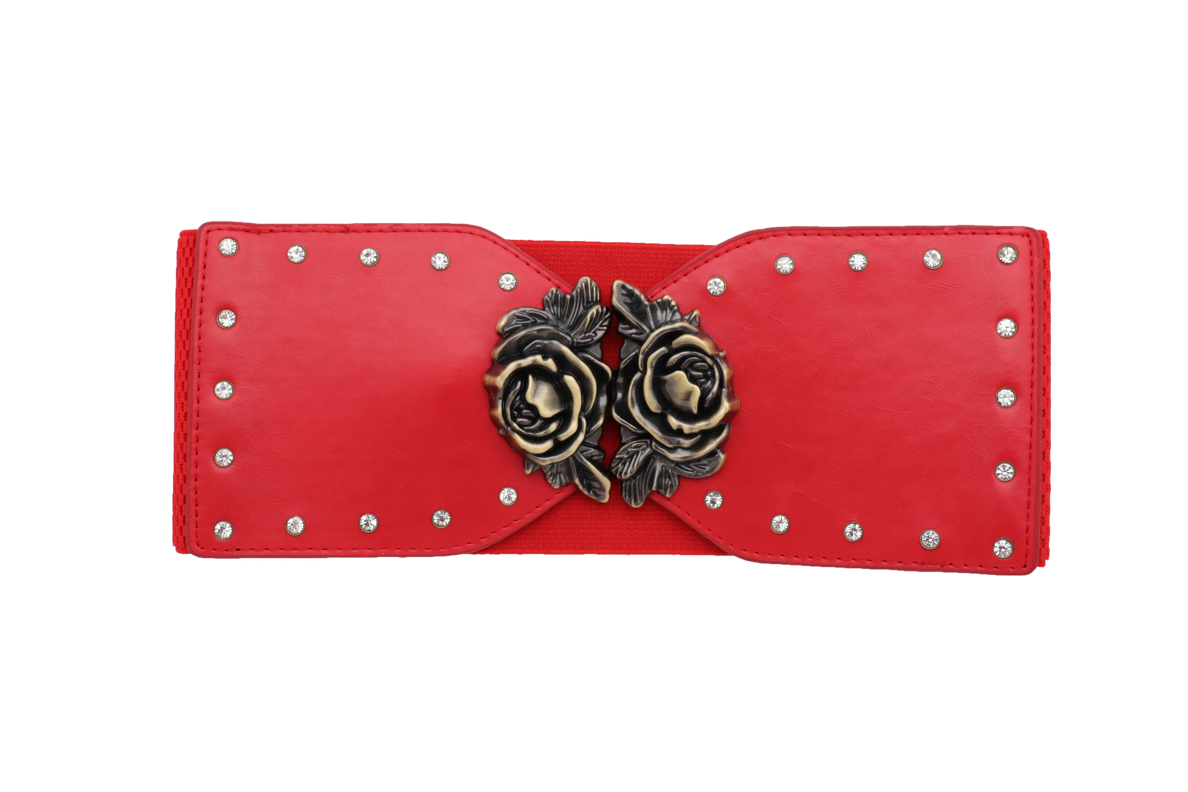 Elastic Red Fashion Belt Hip High Waist Gold Rose Metal Buckle Size S M