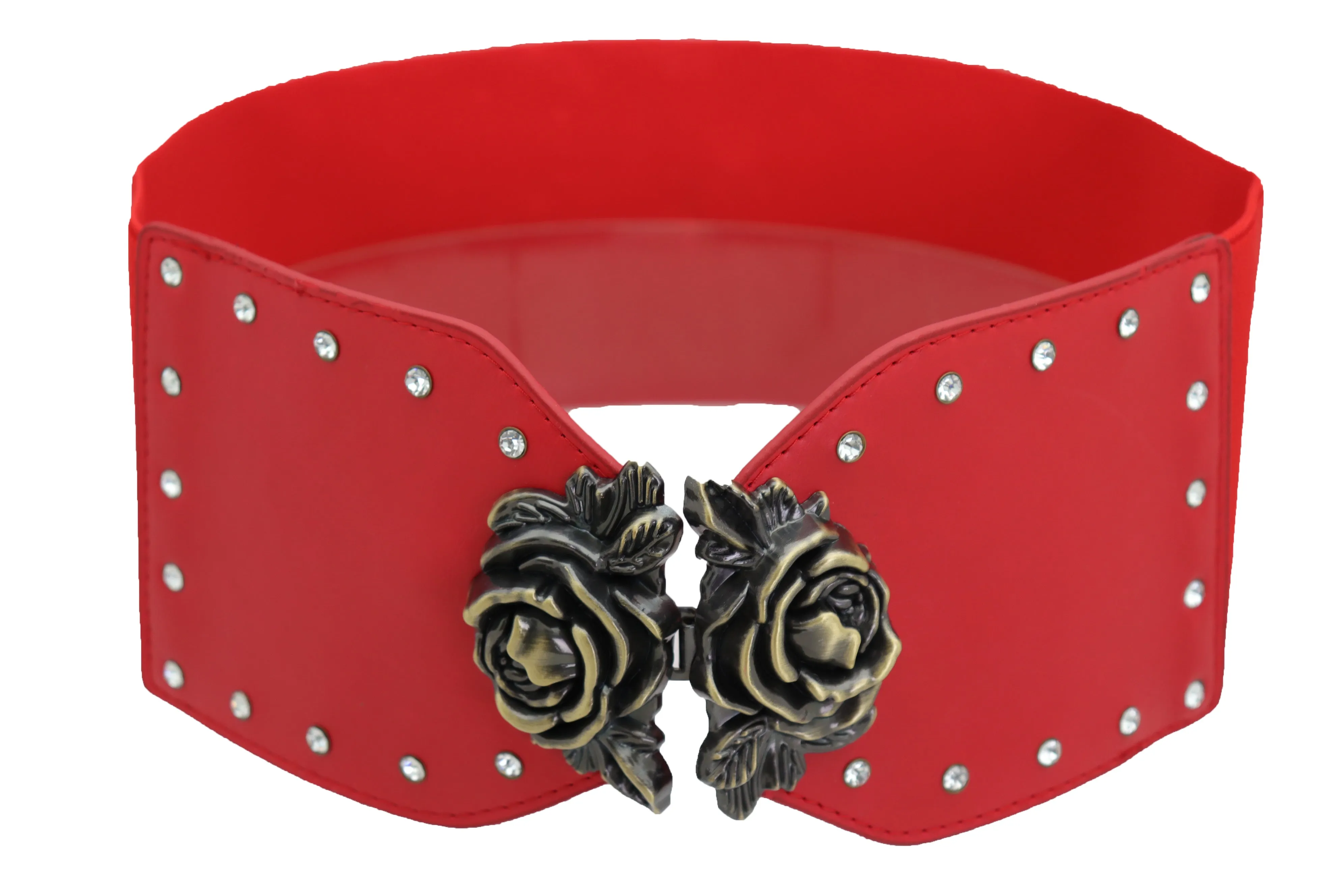 Elastic Red Fashion Belt Hip High Waist Gold Rose Metal Buckle Size S M