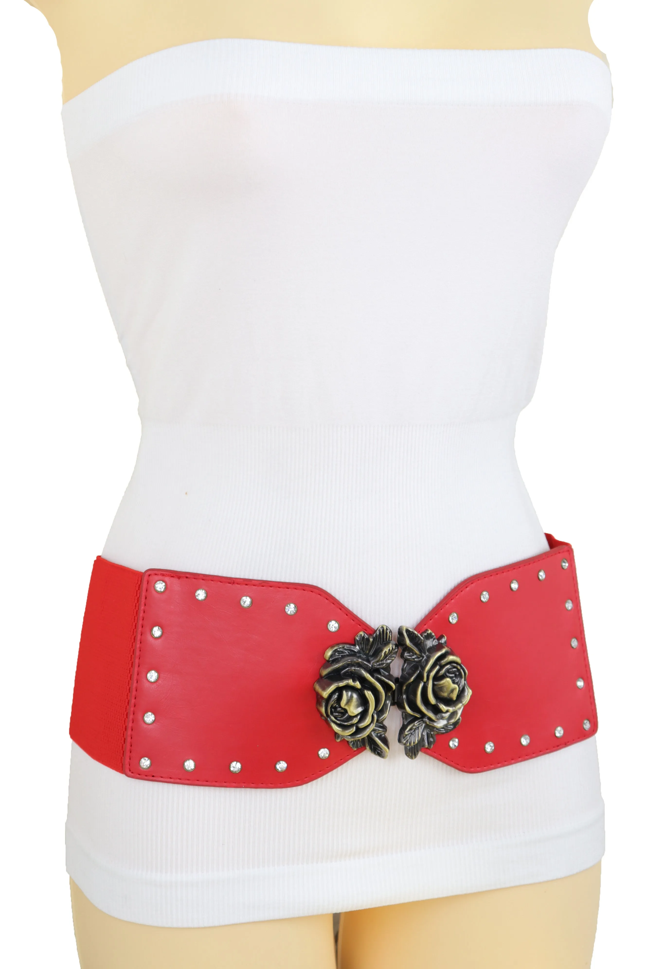 Elastic Red Fashion Belt Hip High Waist Gold Rose Metal Buckle Size S M