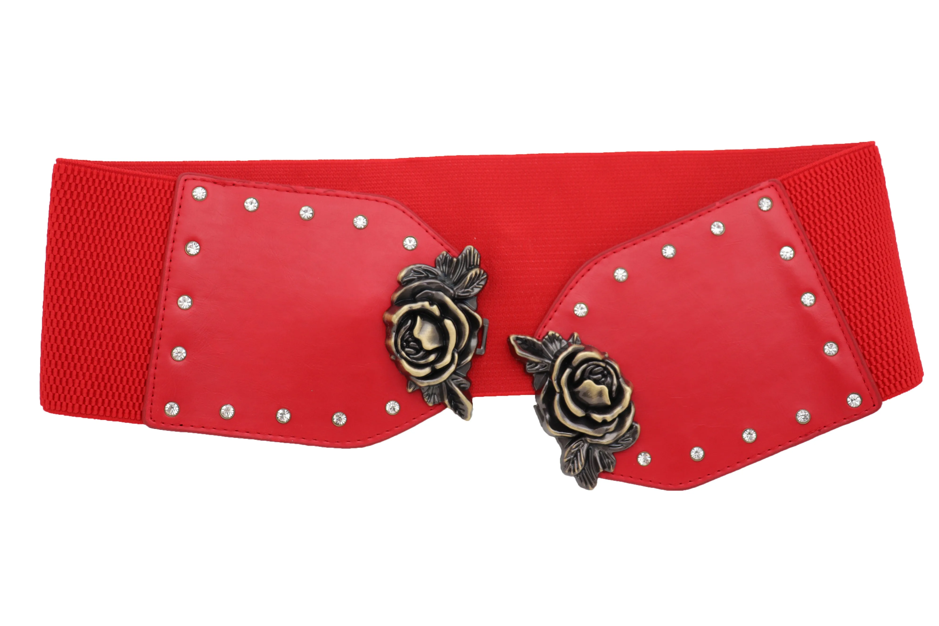 Elastic Red Fashion Belt Hip High Waist Gold Rose Metal Buckle Size S M