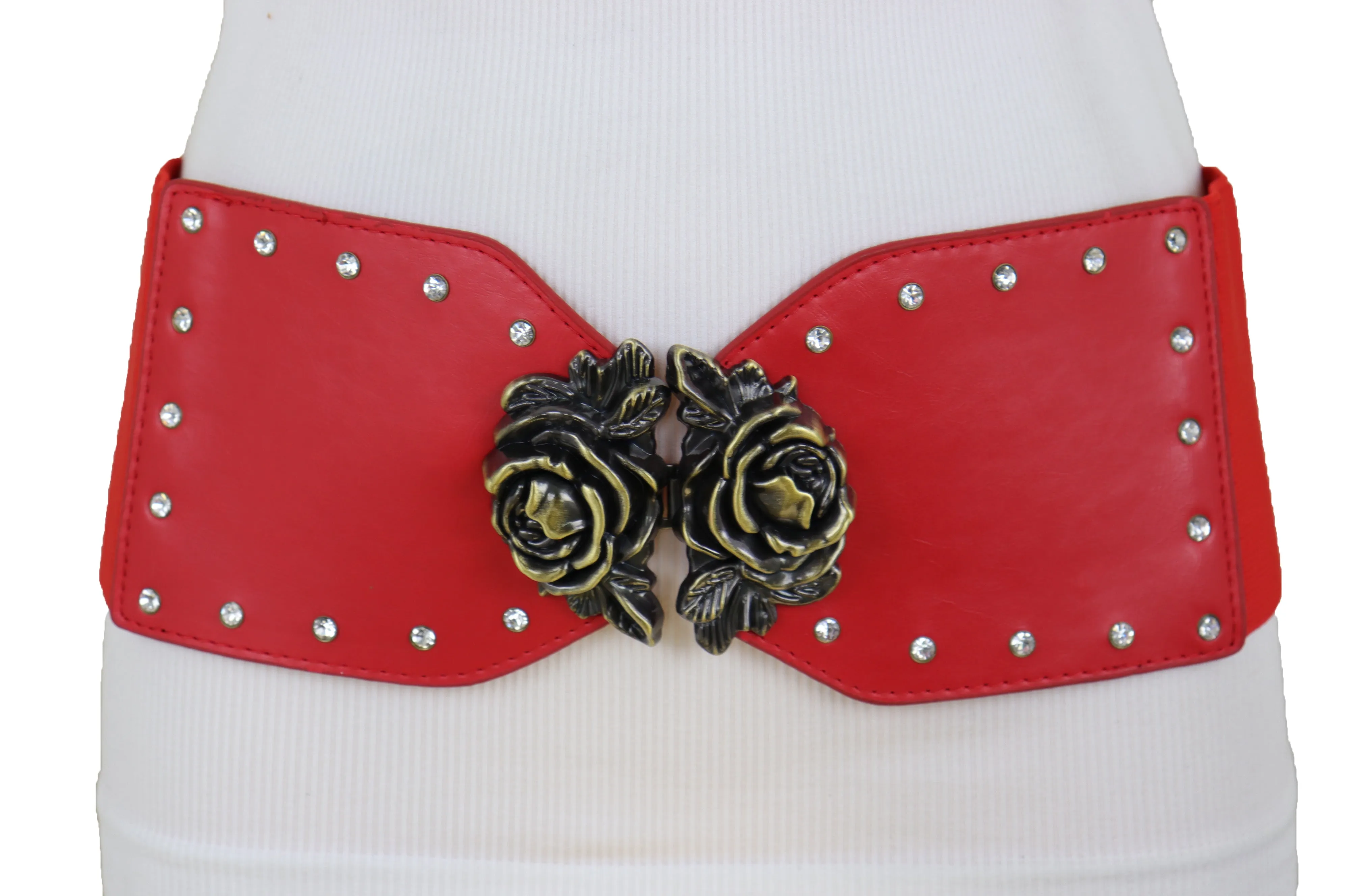 Elastic Red Fashion Belt Hip High Waist Gold Rose Metal Buckle Size S M