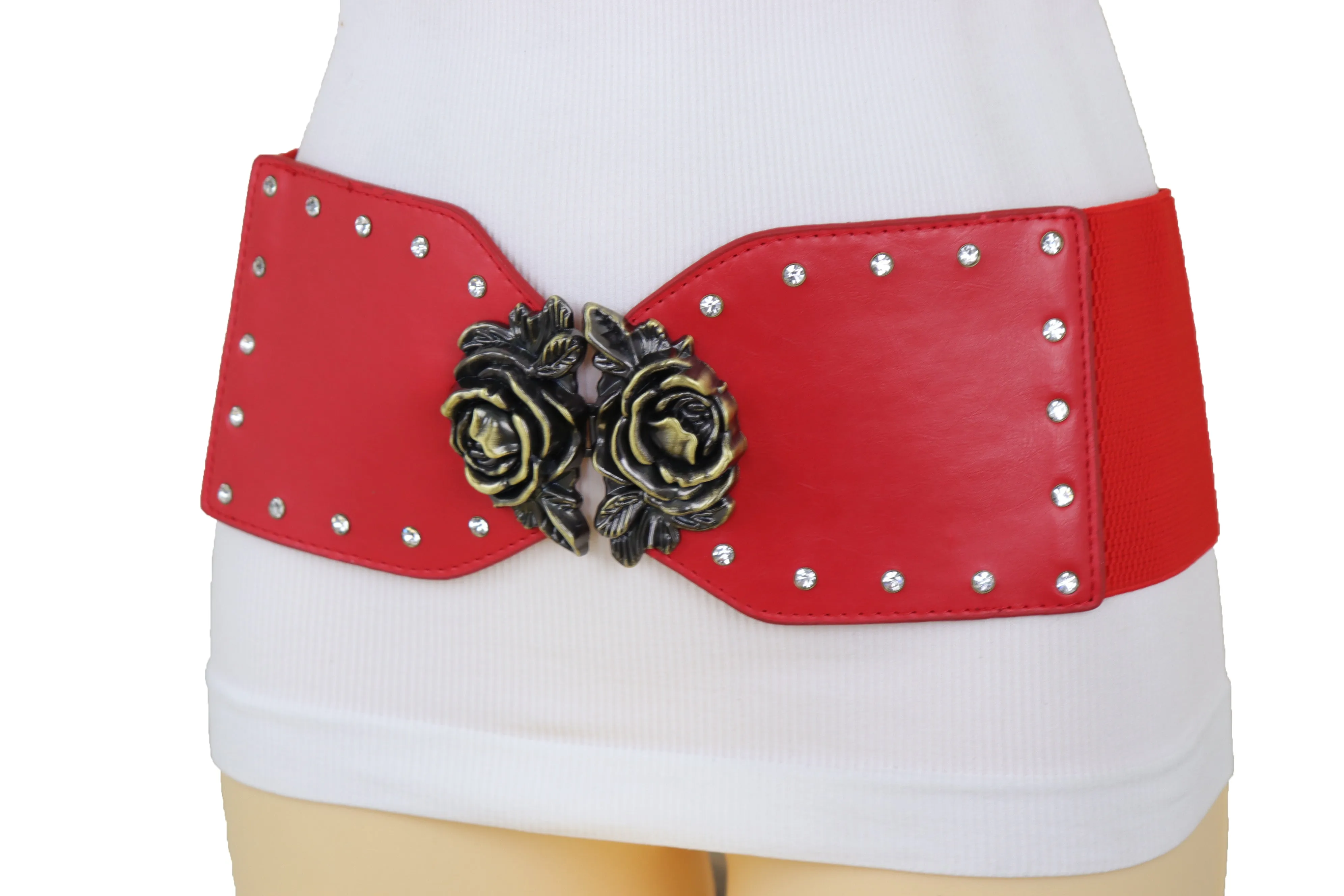 Elastic Red Fashion Belt Hip High Waist Gold Rose Metal Buckle Size S M