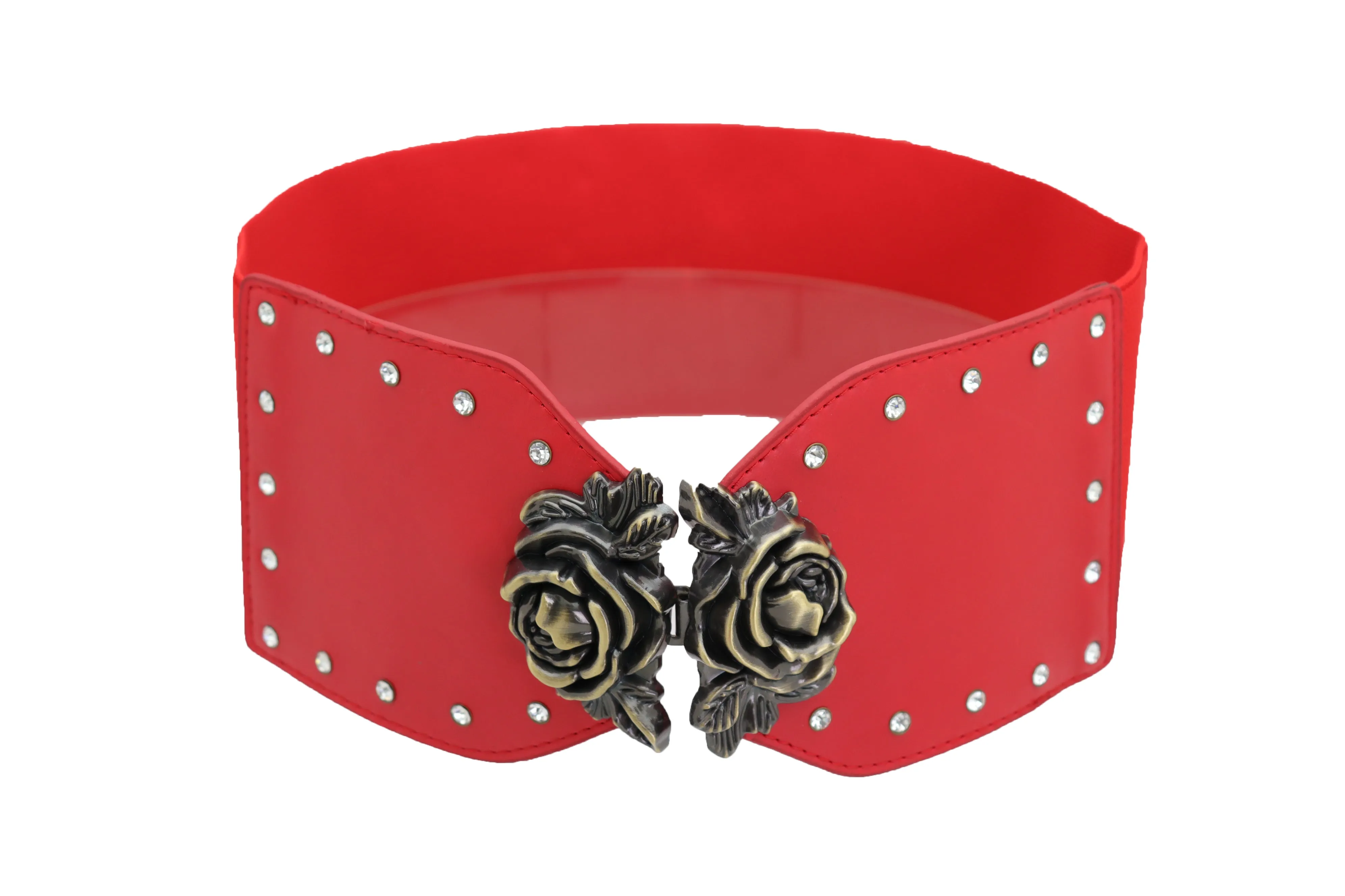 Elastic Red Fashion Belt Hip High Waist Gold Rose Metal Buckle Size S M