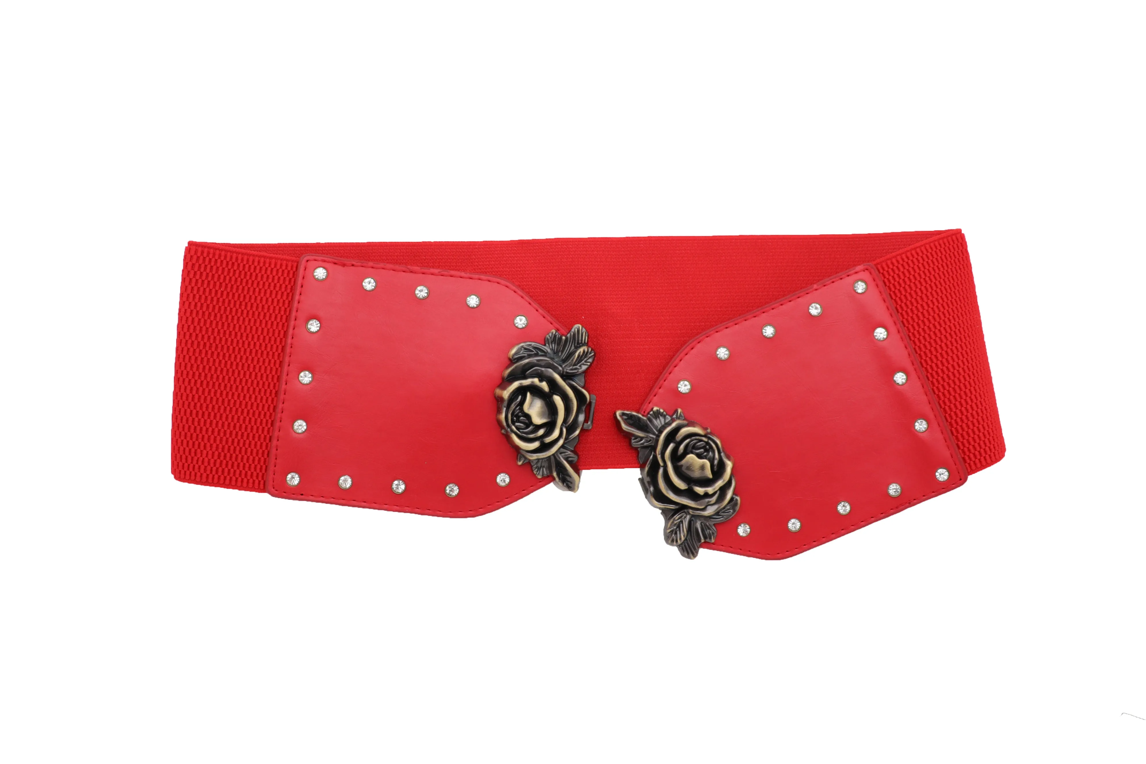 Elastic Red Fashion Belt Hip High Waist Gold Rose Metal Buckle Size S M