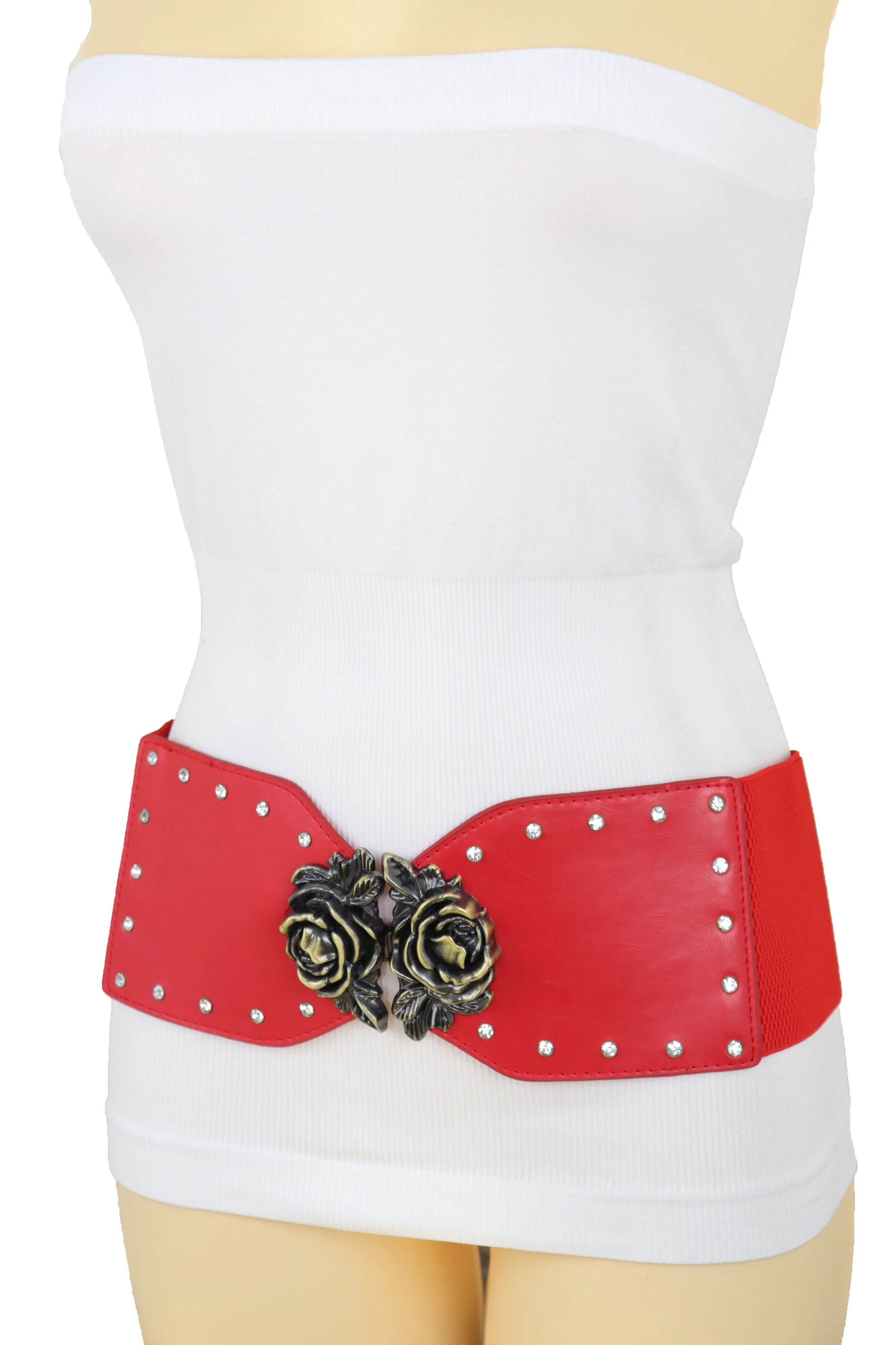 Elastic Red Fashion Belt Hip High Waist Gold Rose Metal Buckle Size S M