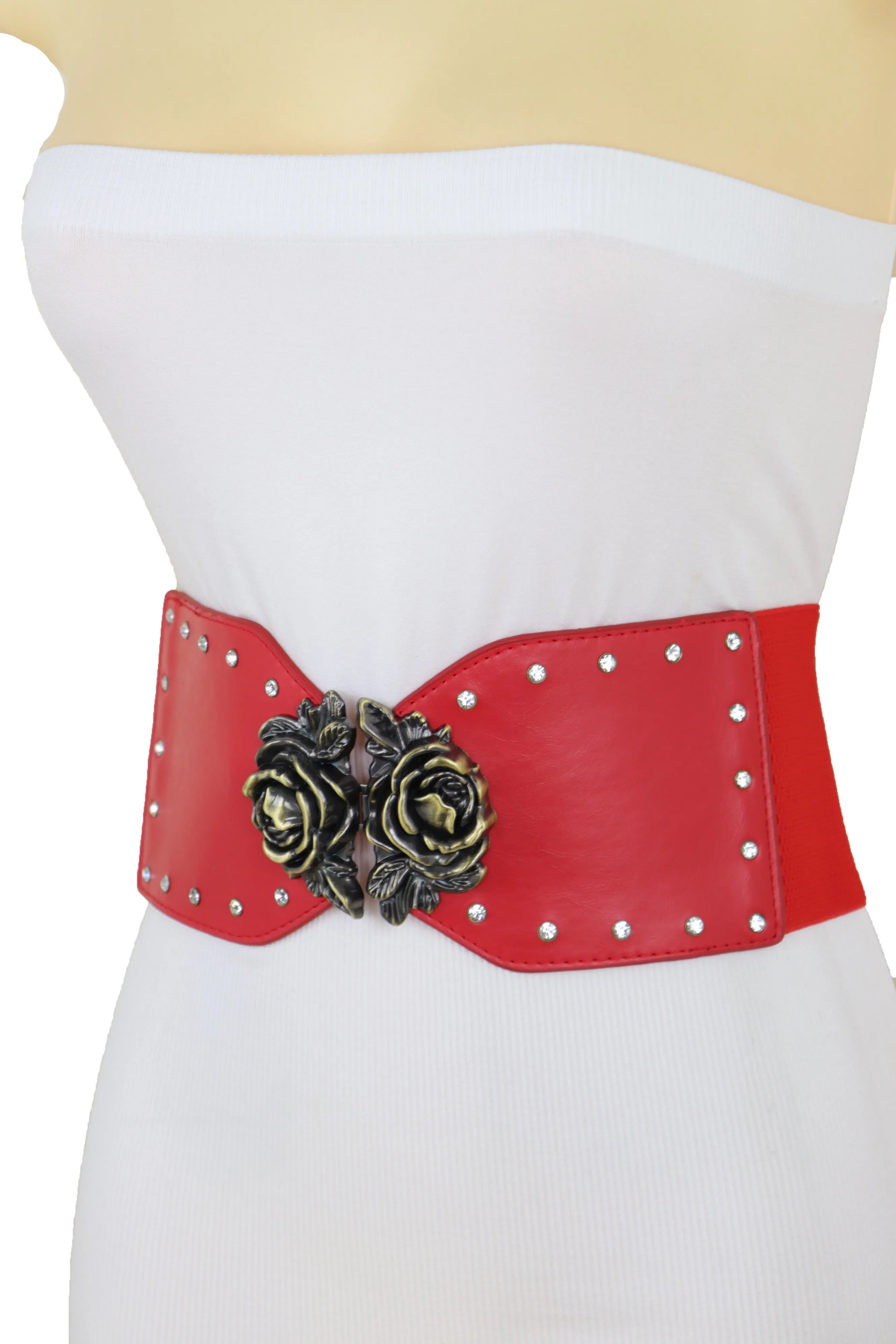 Elastic Red Fashion Belt Hip High Waist Gold Rose Metal Buckle Size S M