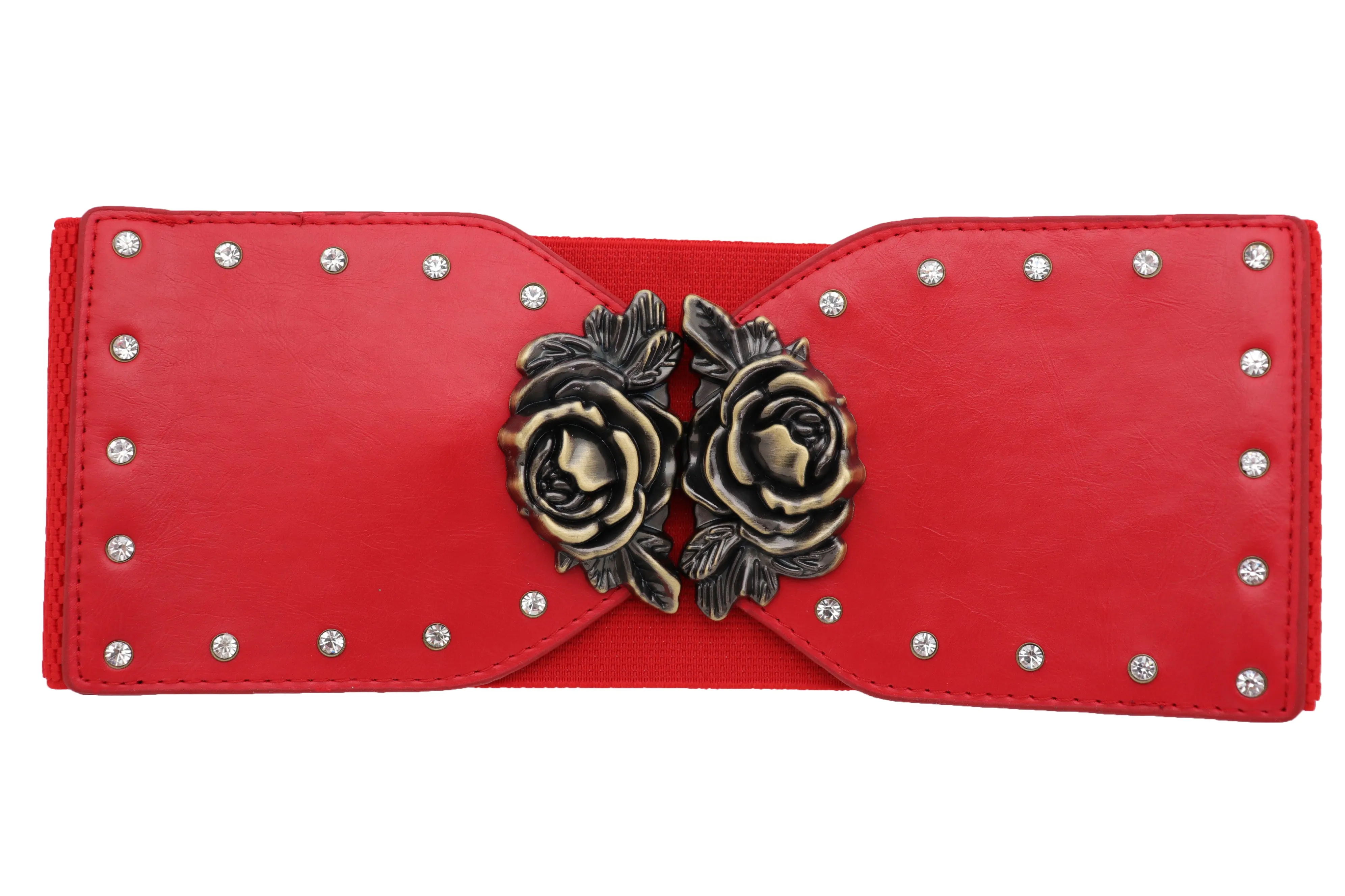 Elastic Red Fashion Belt Hip High Waist Gold Rose Metal Buckle Size S M