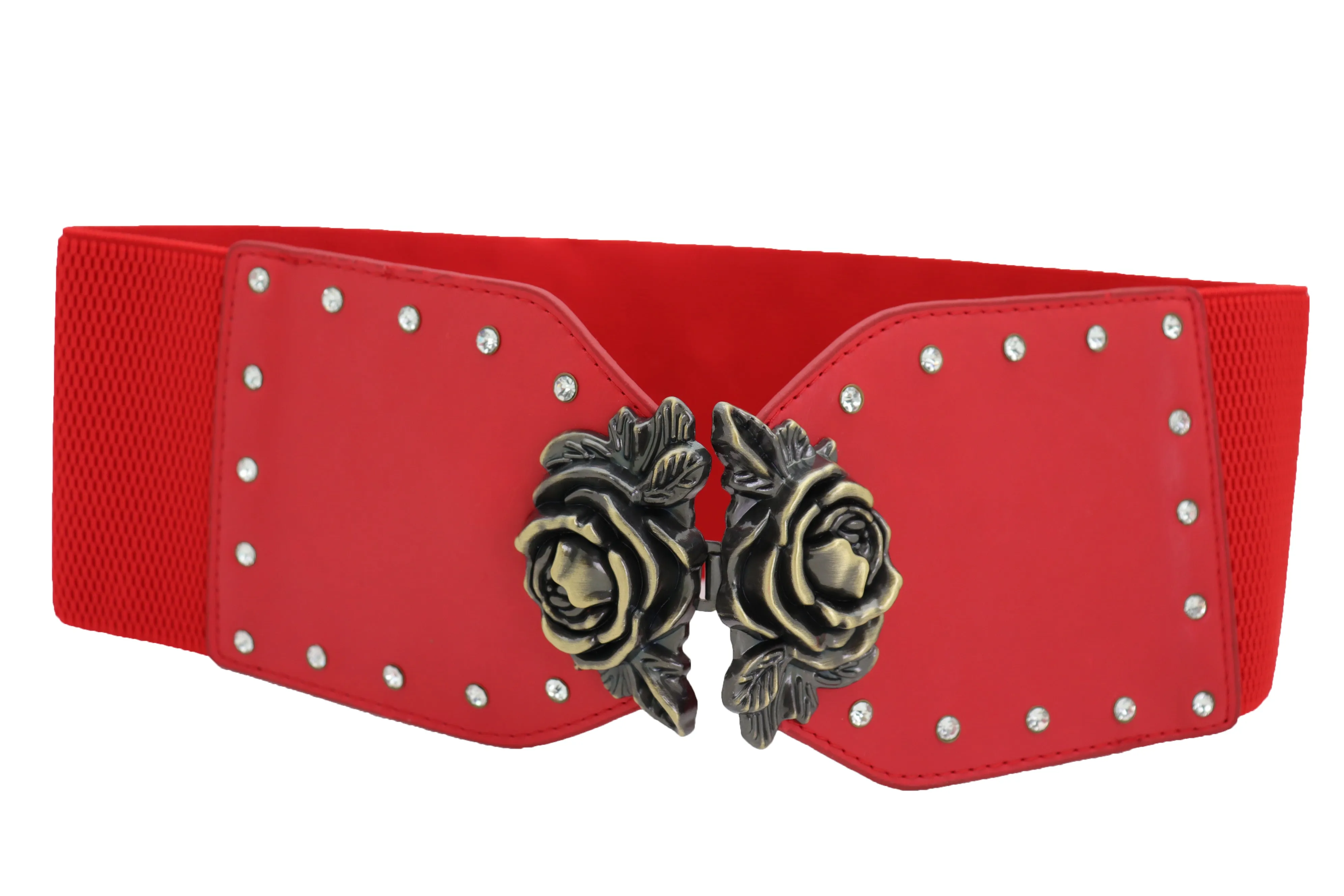 Elastic Red Fashion Belt Hip High Waist Gold Rose Metal Buckle Size S M