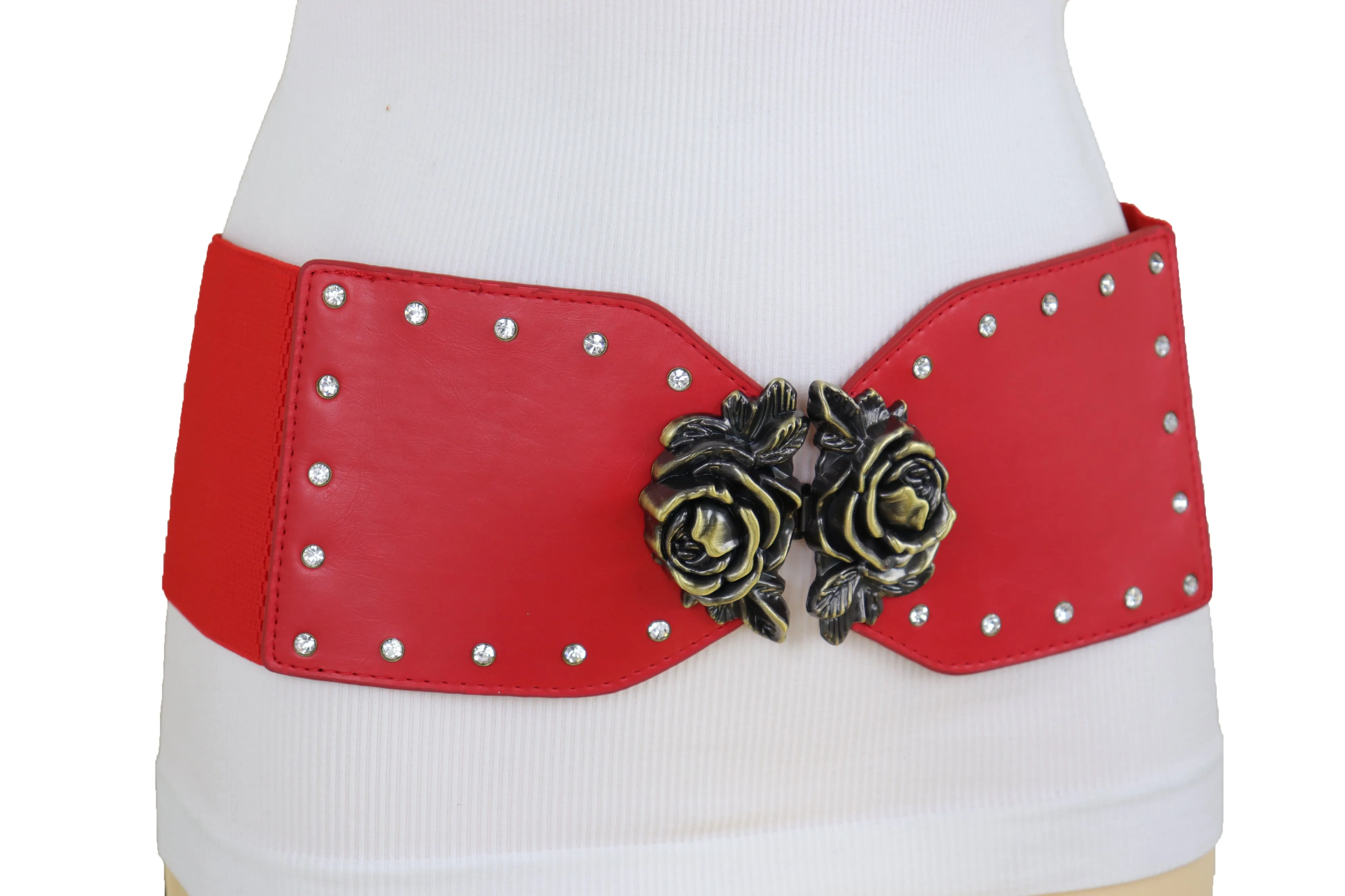 Elastic Red Fashion Belt Hip High Waist Gold Rose Metal Buckle Size S M