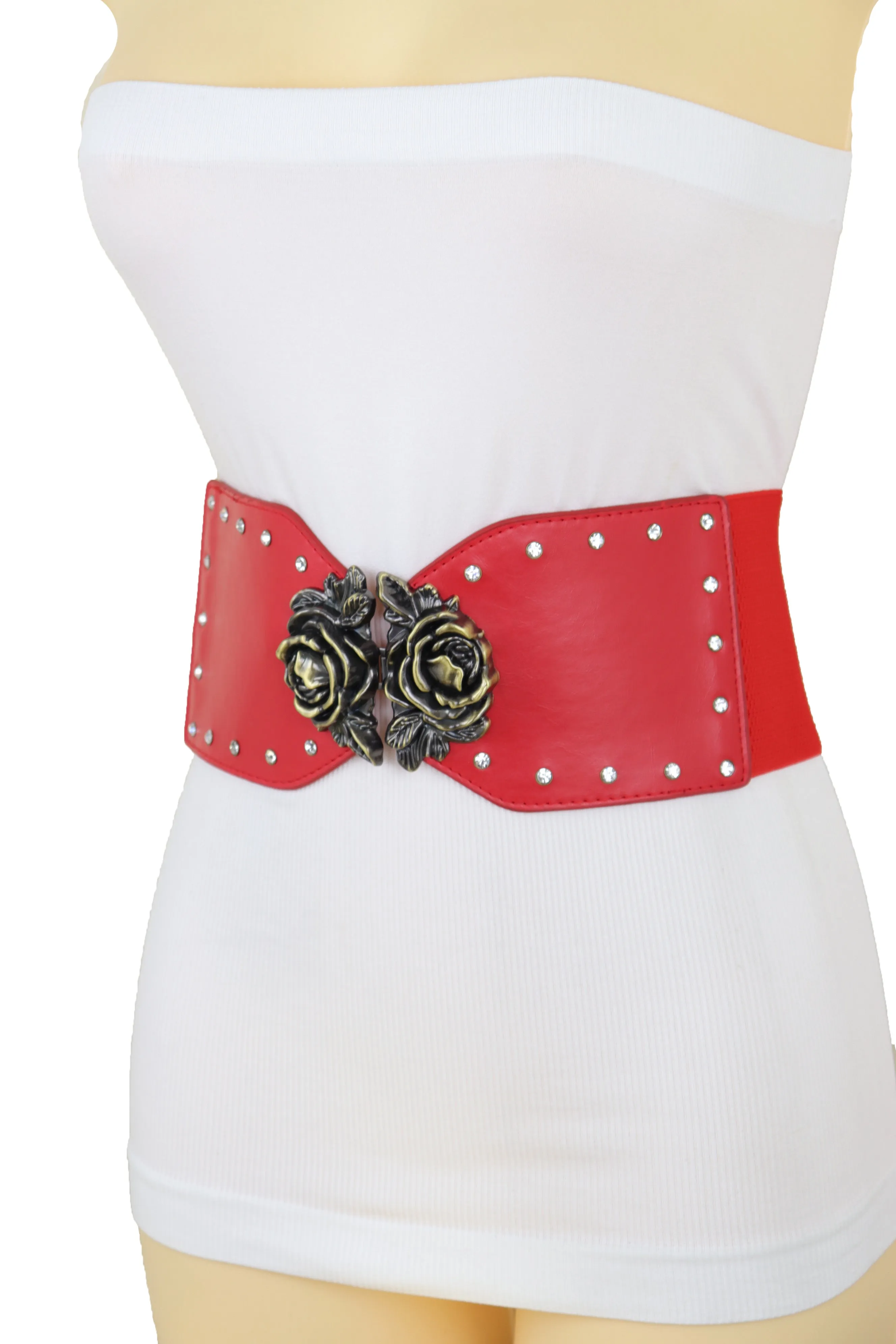 Elastic Red Fashion Belt Hip High Waist Gold Rose Metal Buckle Size S M