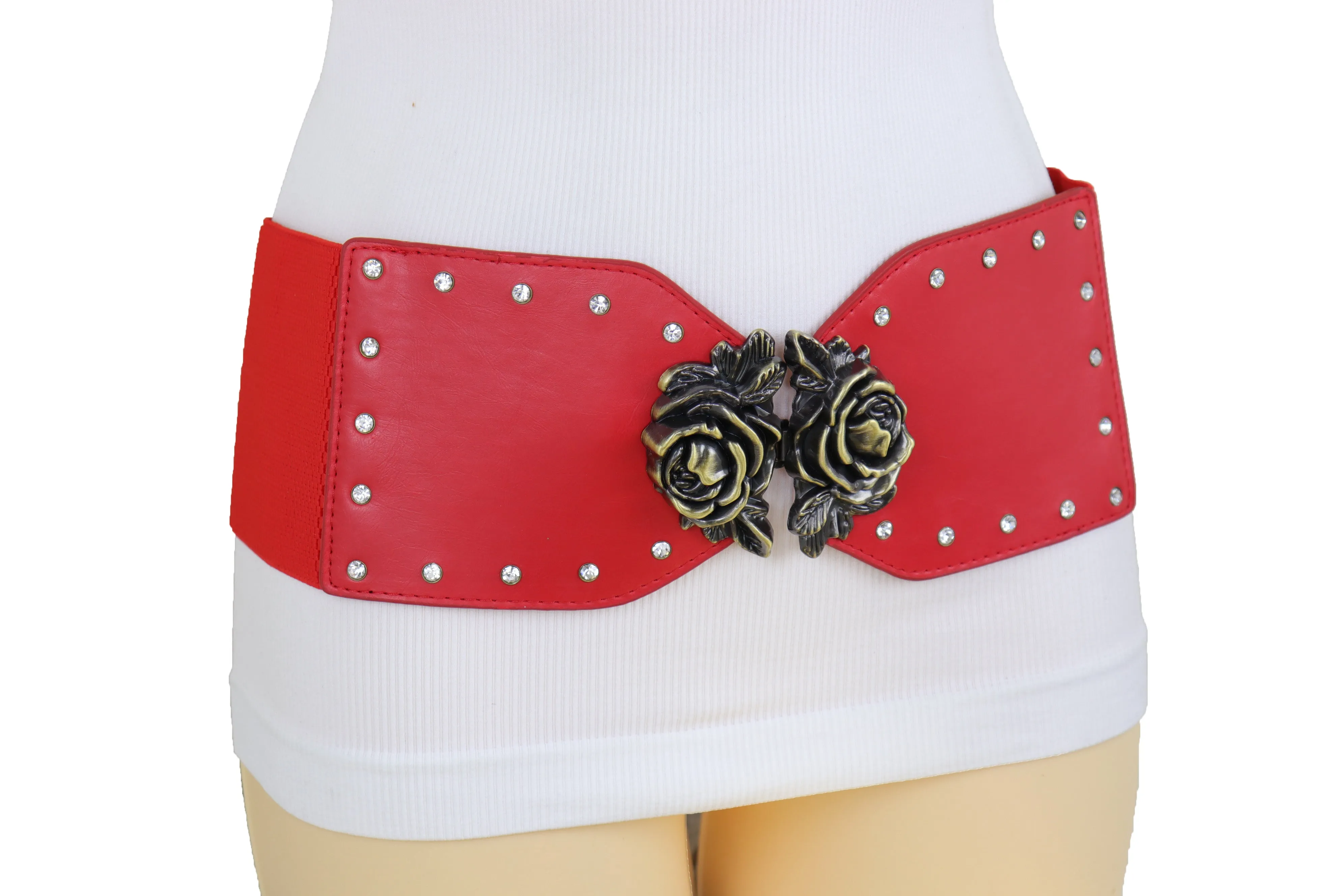 Elastic Red Fashion Belt Hip High Waist Gold Rose Metal Buckle Size S M