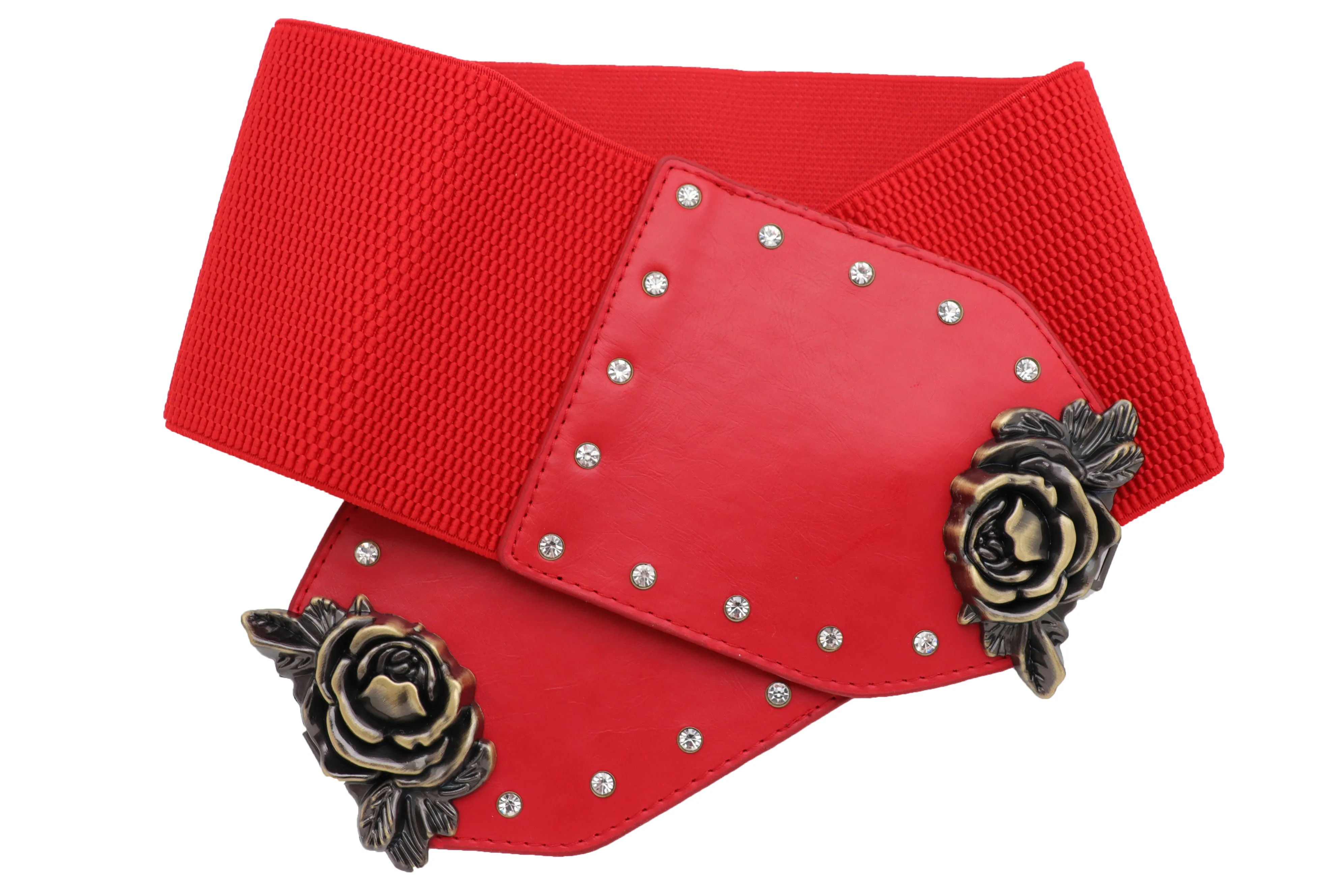 Elastic Red Fashion Belt Hip High Waist Gold Rose Metal Buckle Size S M