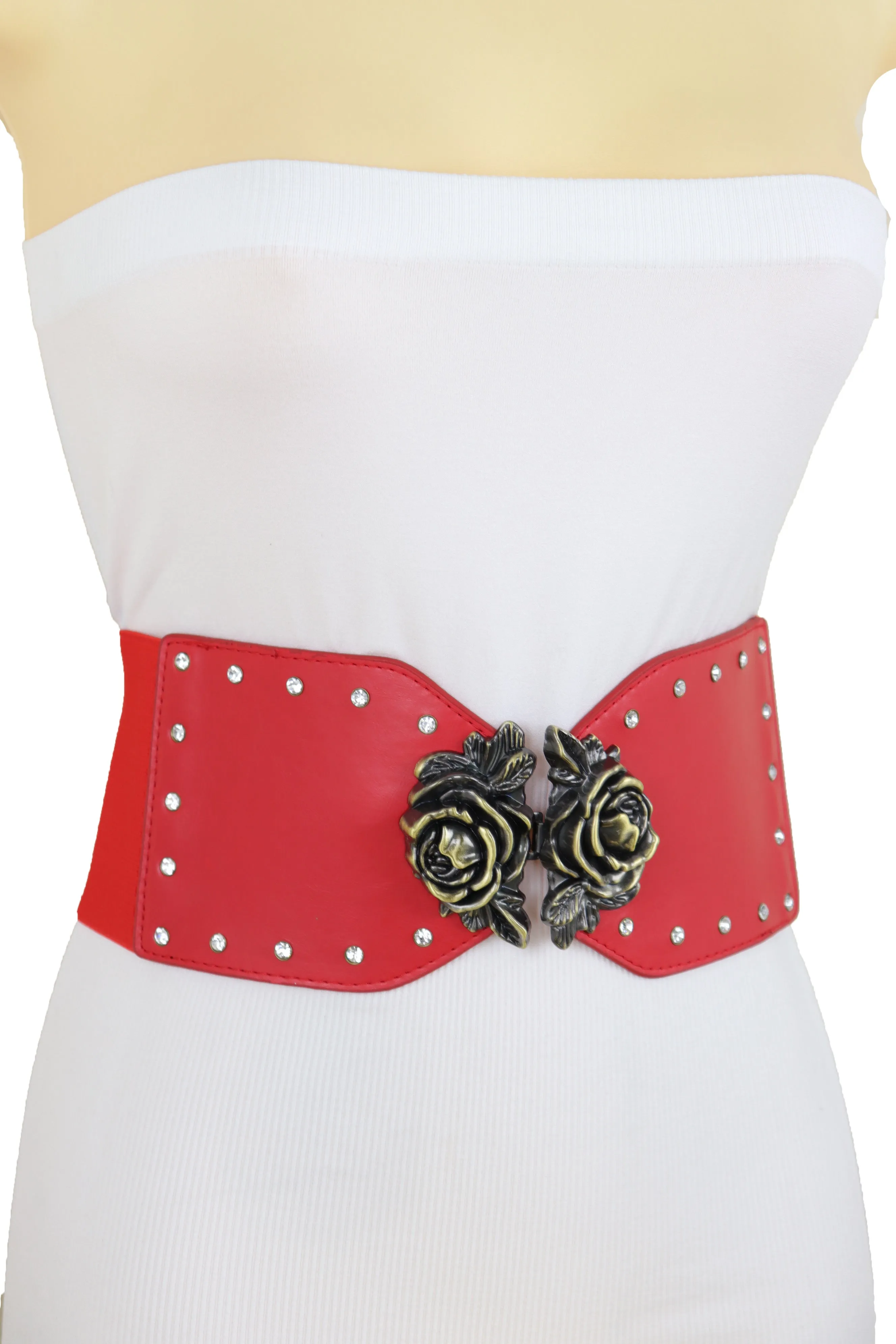 Elastic Red Fashion Belt Hip High Waist Gold Rose Metal Buckle Size S M