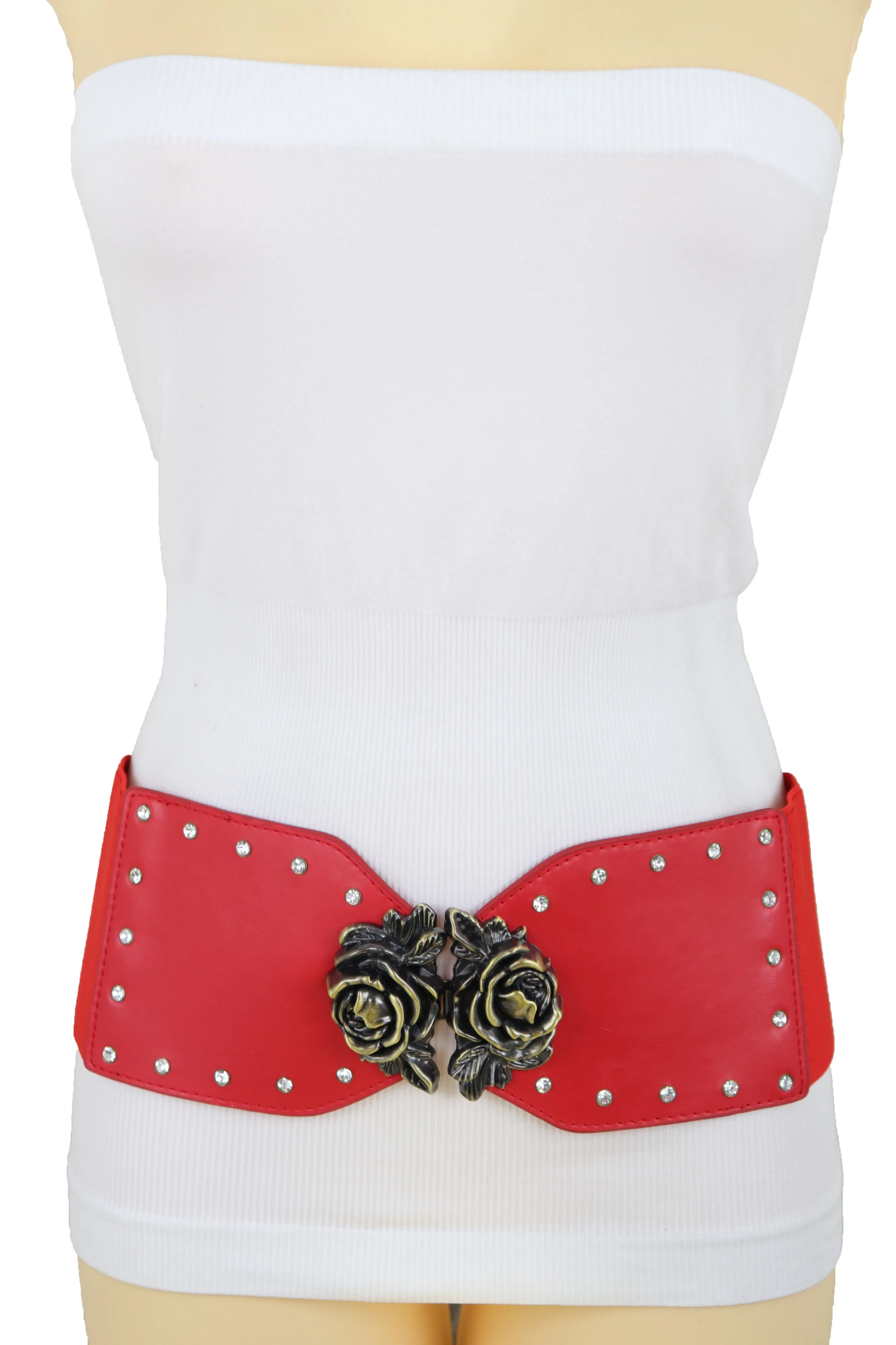 Elastic Red Fashion Belt Hip High Waist Gold Rose Metal Buckle Size S M