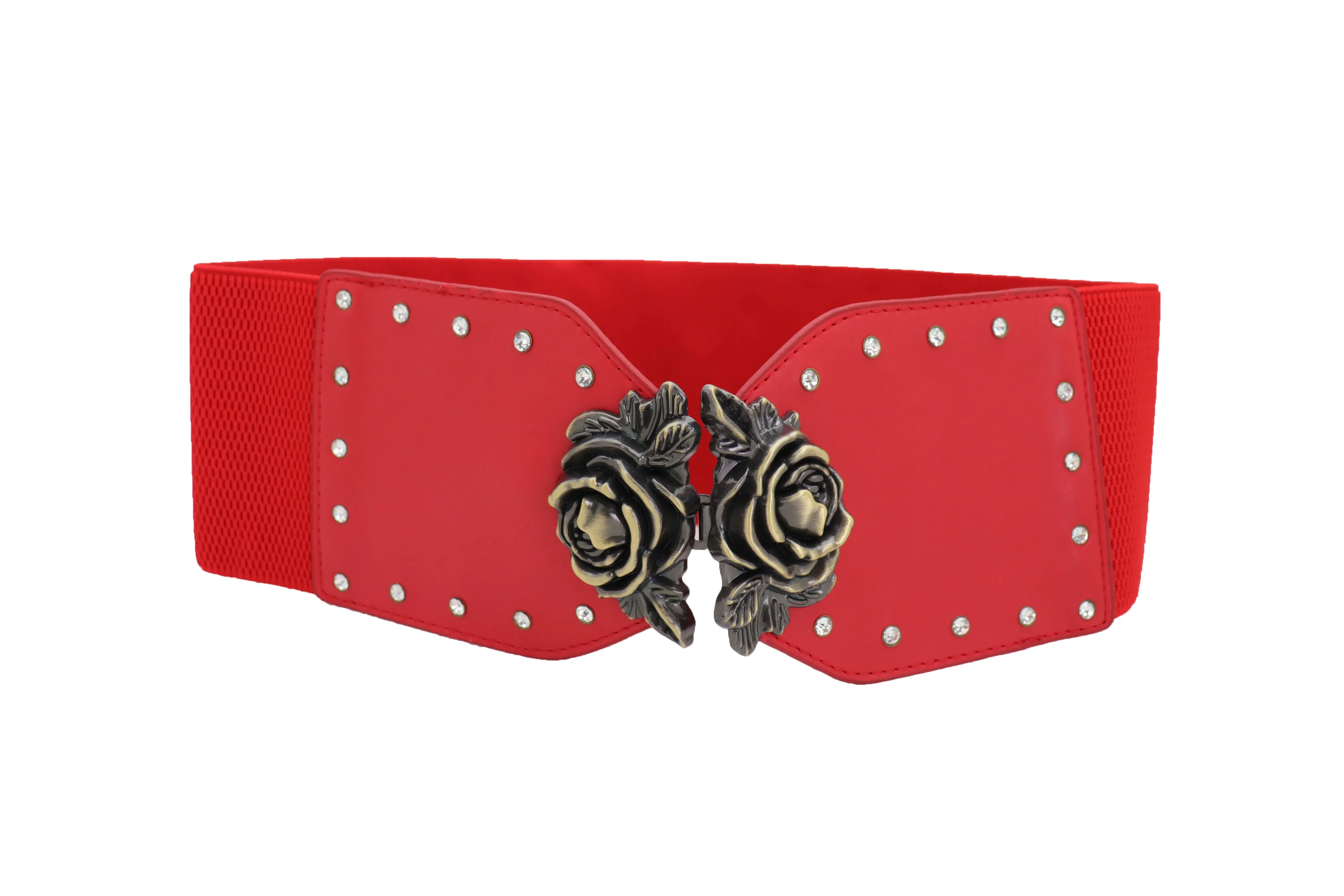 Elastic Red Fashion Belt Hip High Waist Gold Rose Metal Buckle Size S M