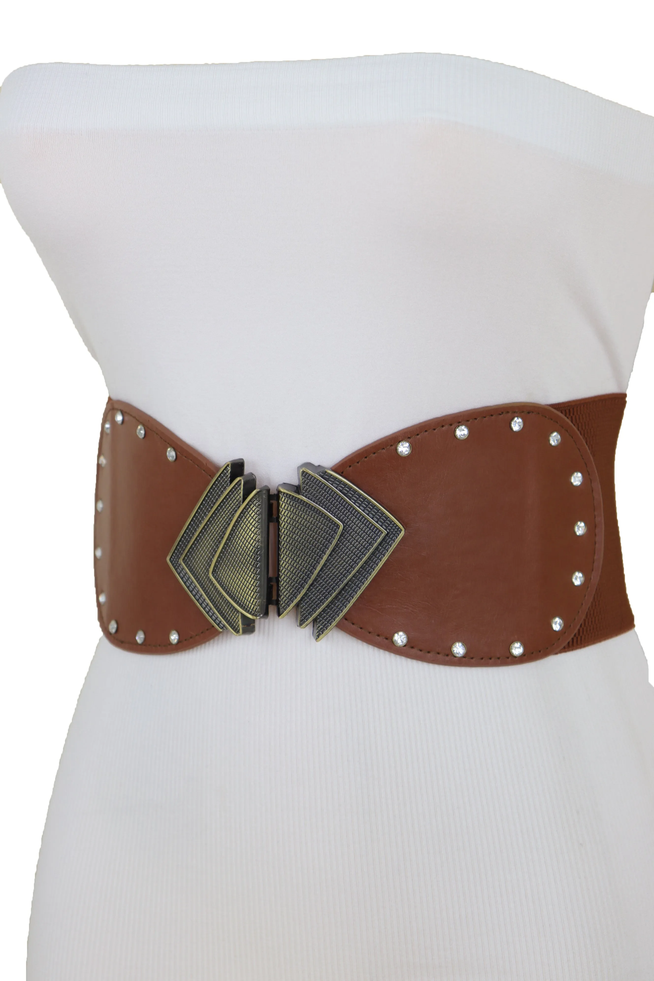 Elastic Wide Brown Faux Leather Corset Waist Hip Belt Fan Buckle Size S M