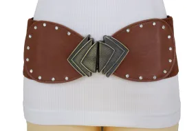 Elastic Wide Brown Faux Leather Corset Waist Hip Belt Fan Buckle Size S M