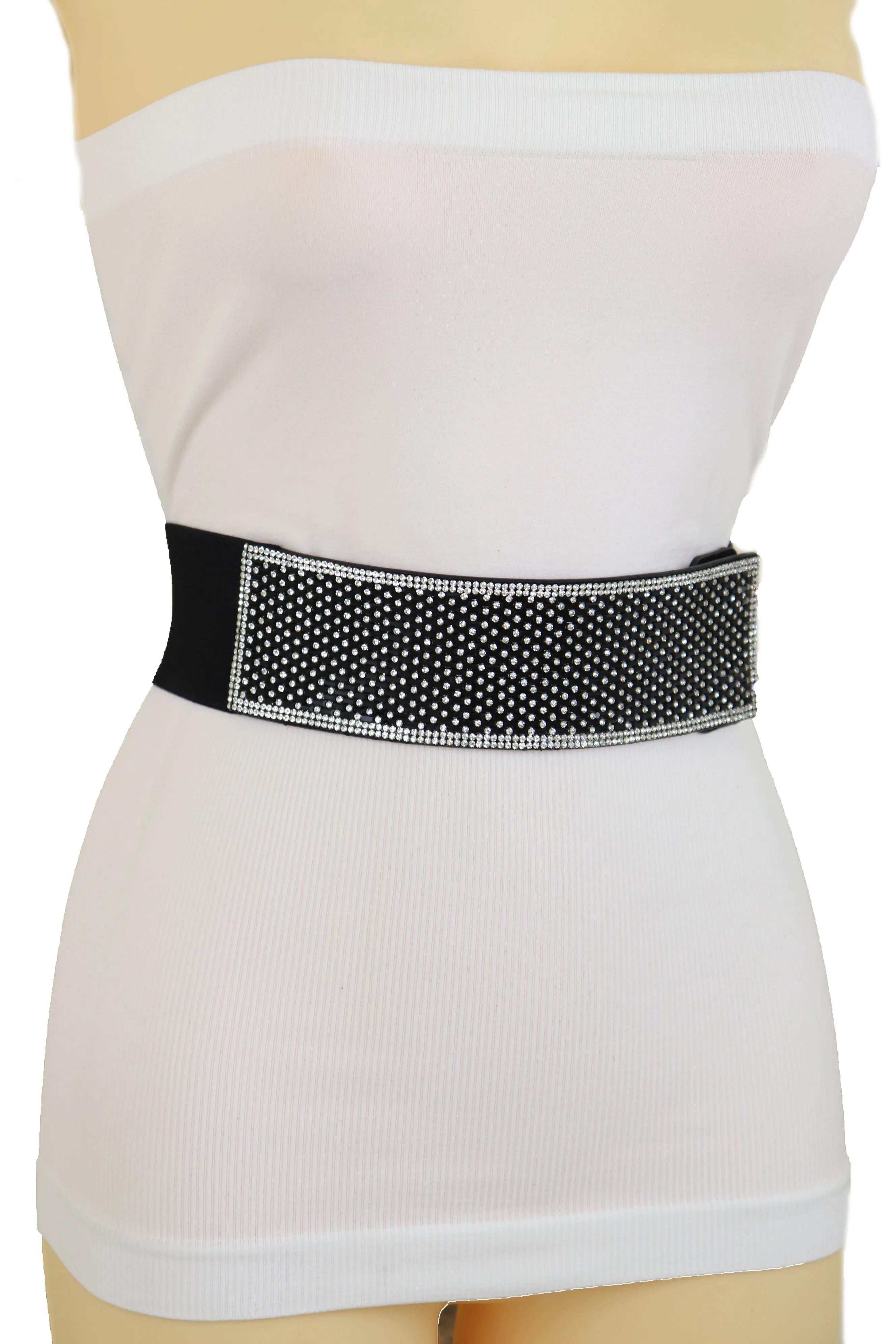 Elegant Fashion Belt Black Elastic Waistband Bling Long Plate Buckle S M